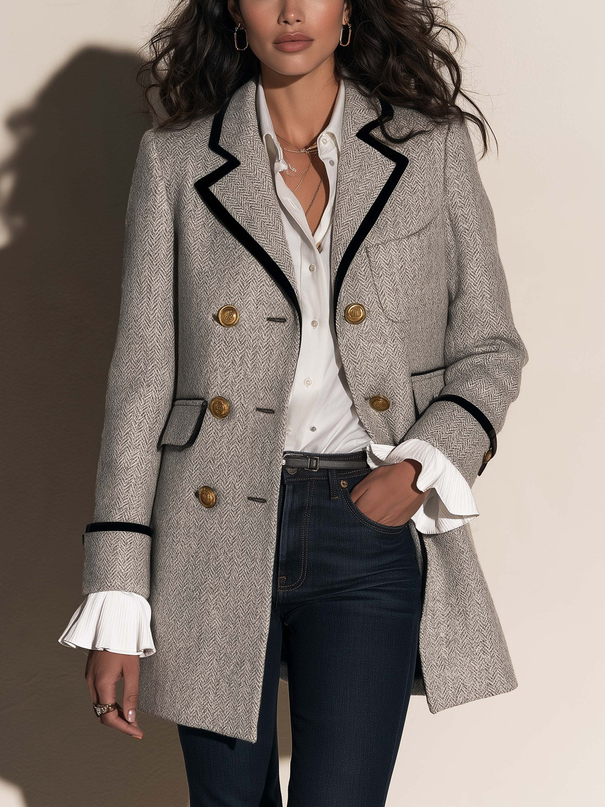 Grey Herringbone Trimmed Double Breasted Coat