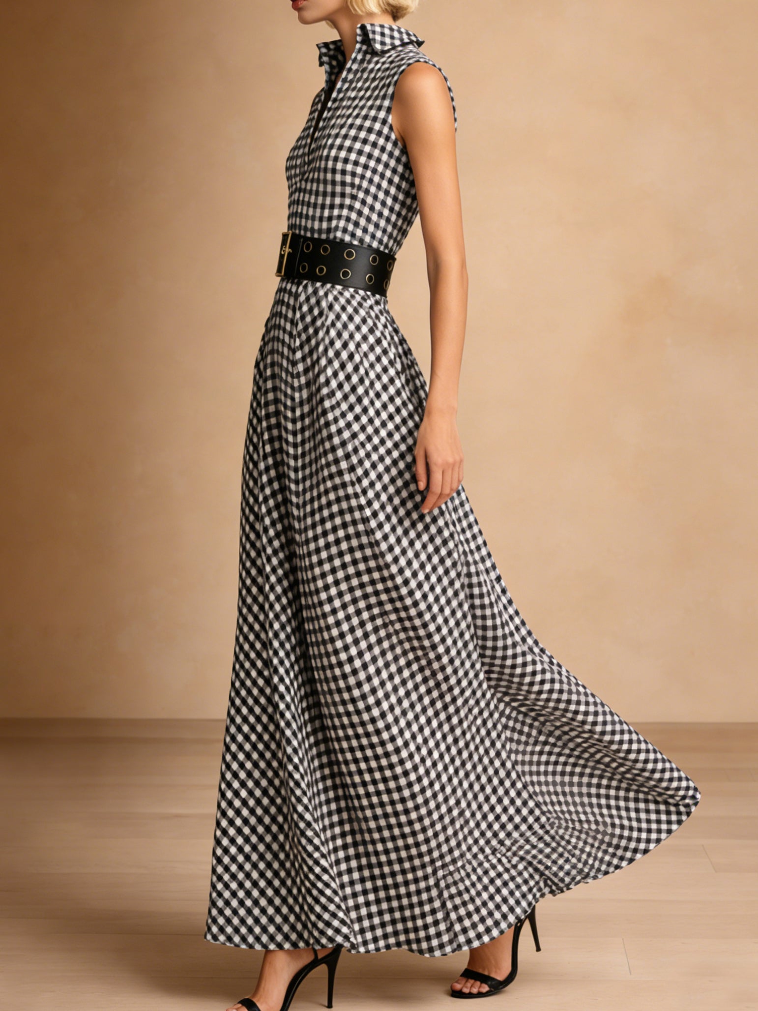 Robe longue trapèze à carreaux vichy ceinturée Liserie