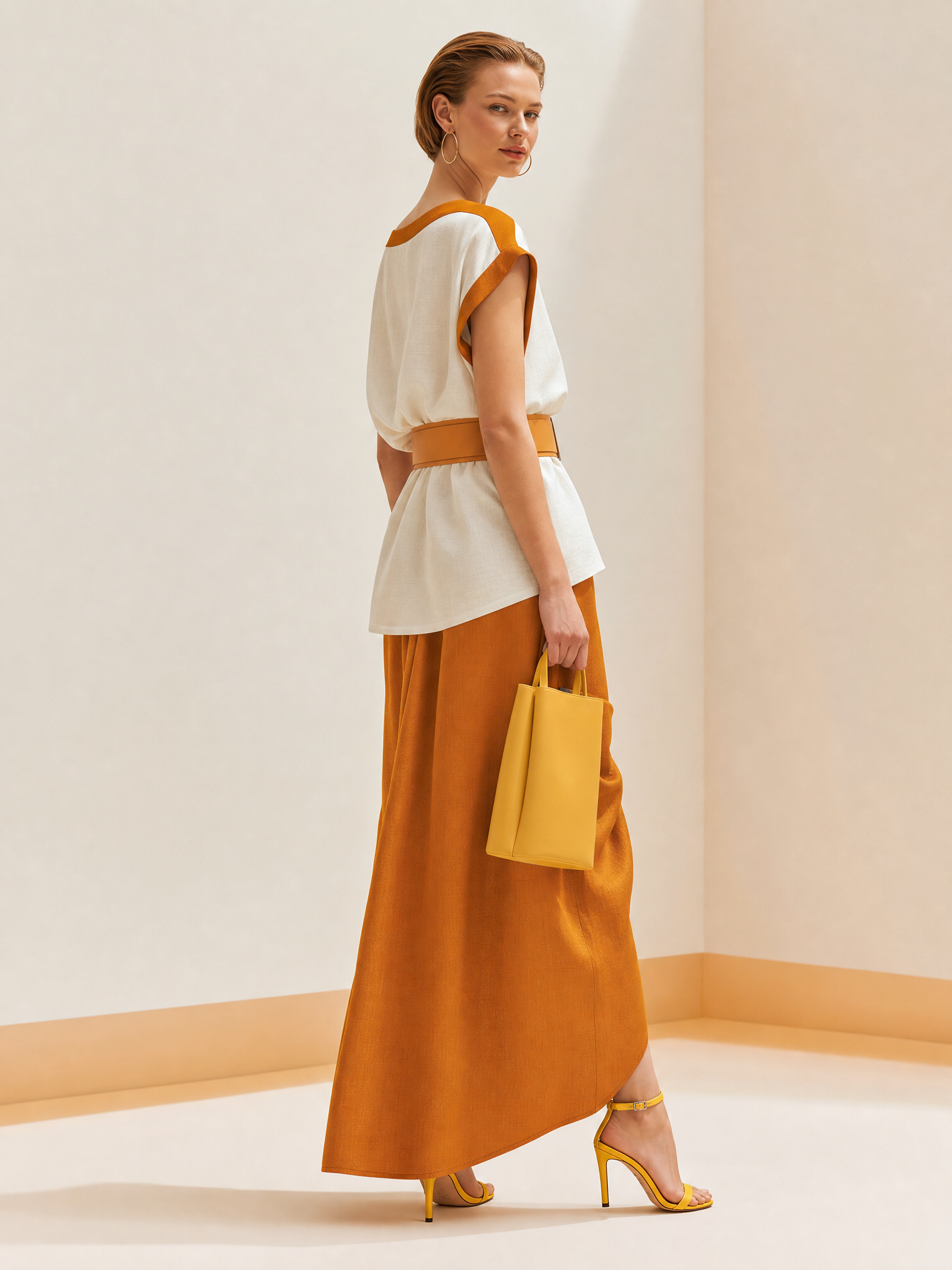Elegant Sophisticated White-Orange Boat Neck Linen Set