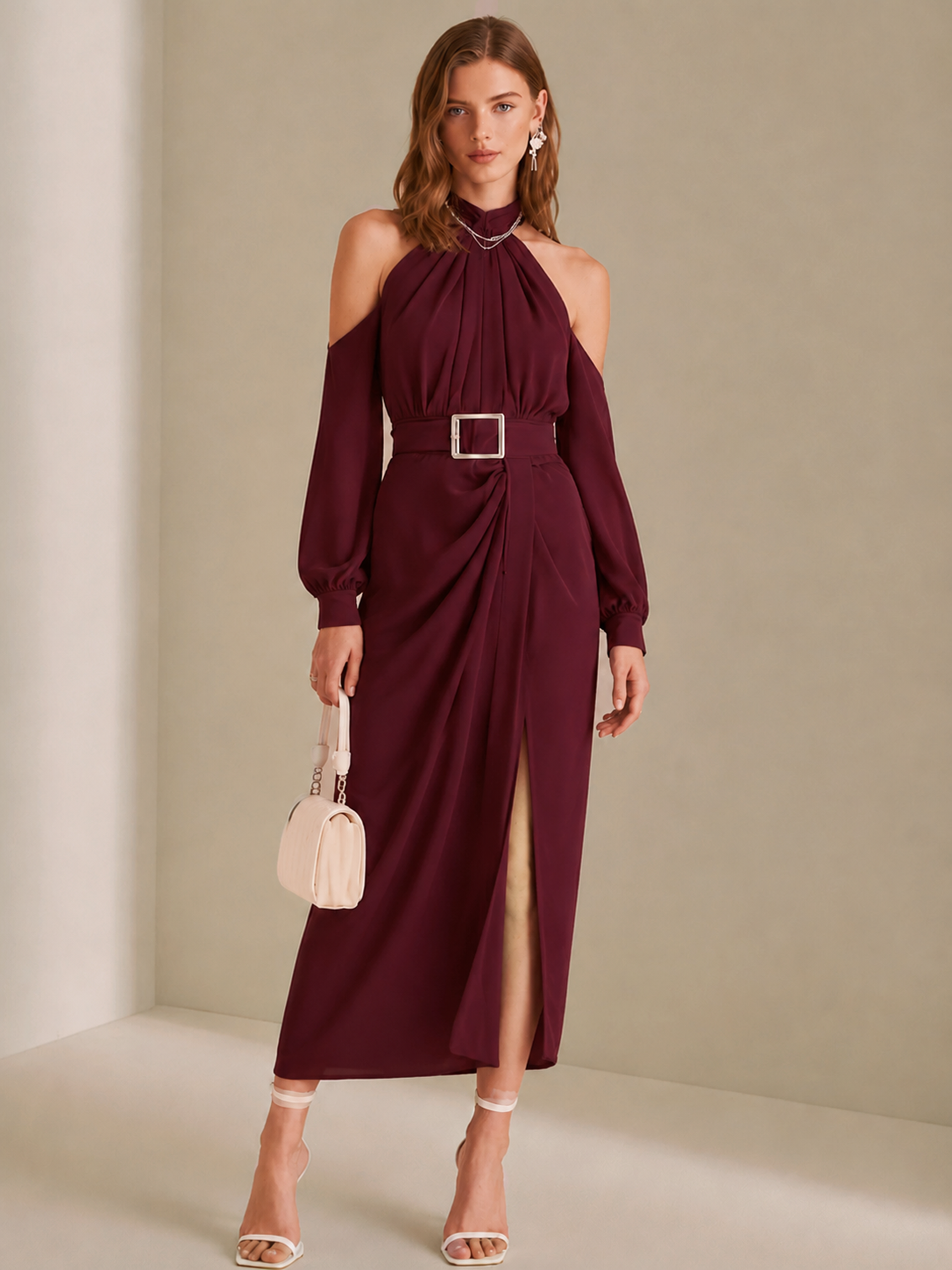 Elegant Burgundy Halter Neck Long Sleeve Midi Dress