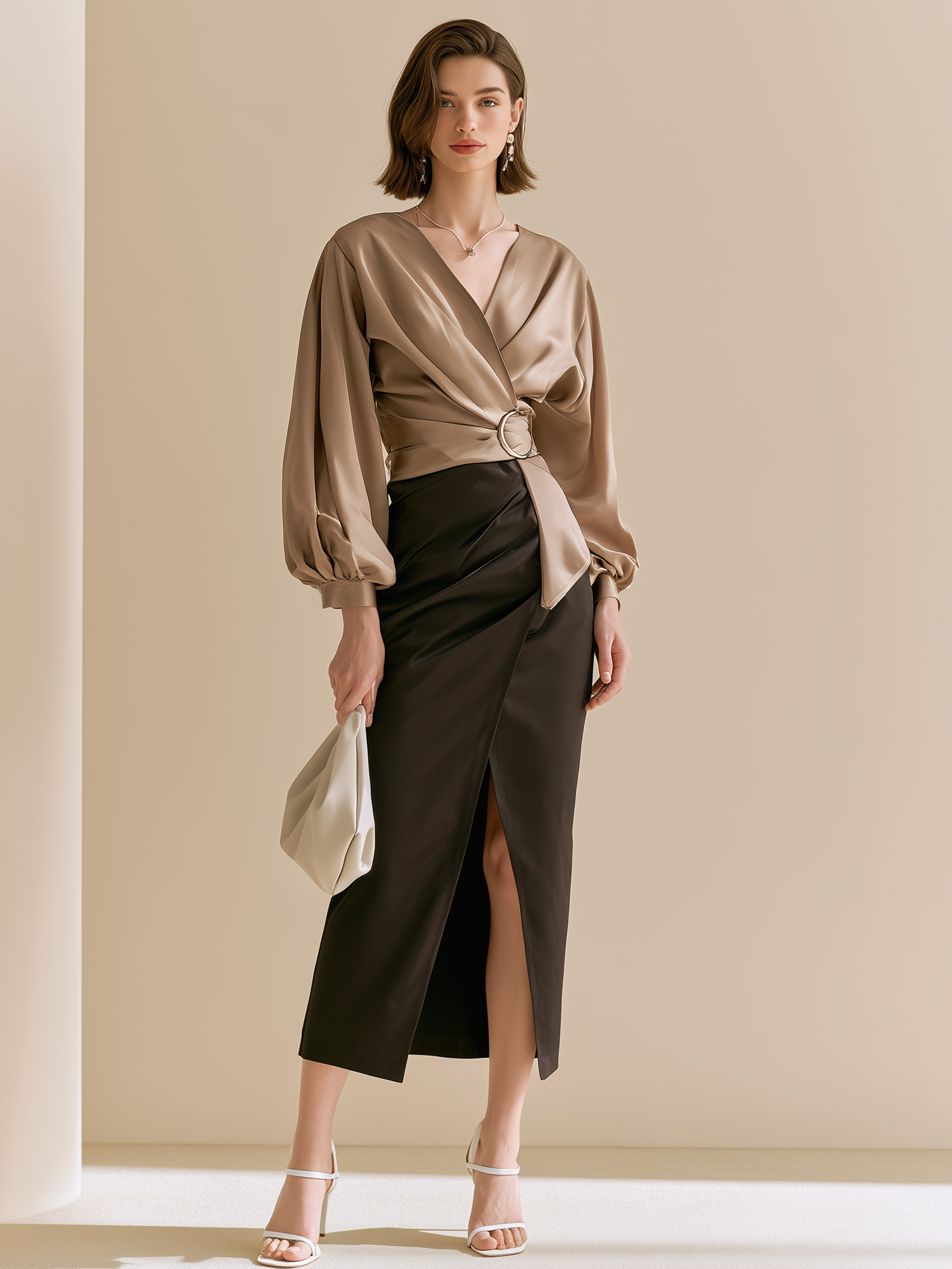 Elegant Taupe Wrap Blouse & High Slit Midi Skirt Set