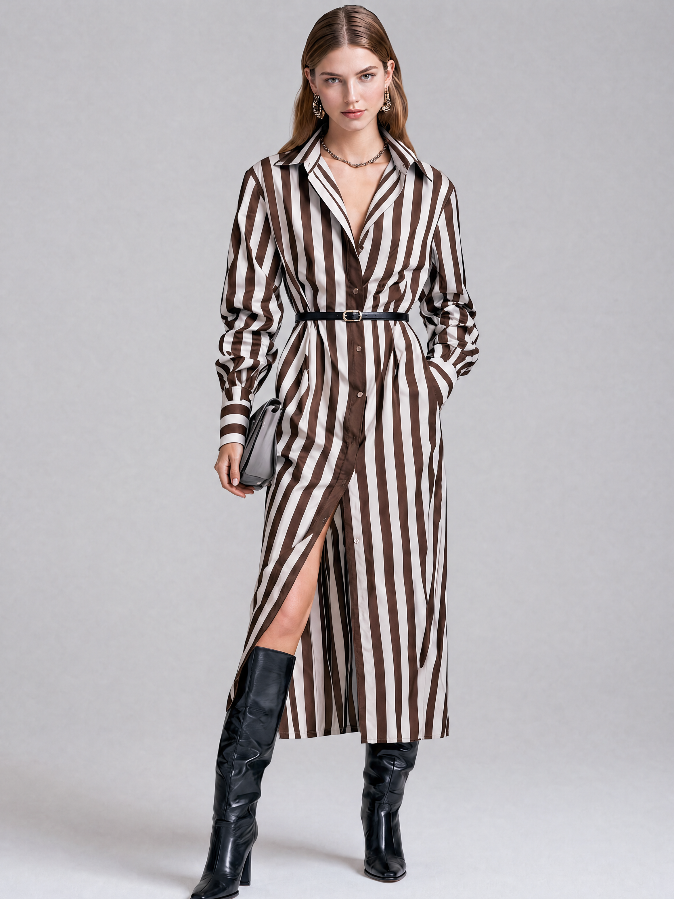 Elegant Chocolate Brown Cotton Blend Stripe Shirt Dress