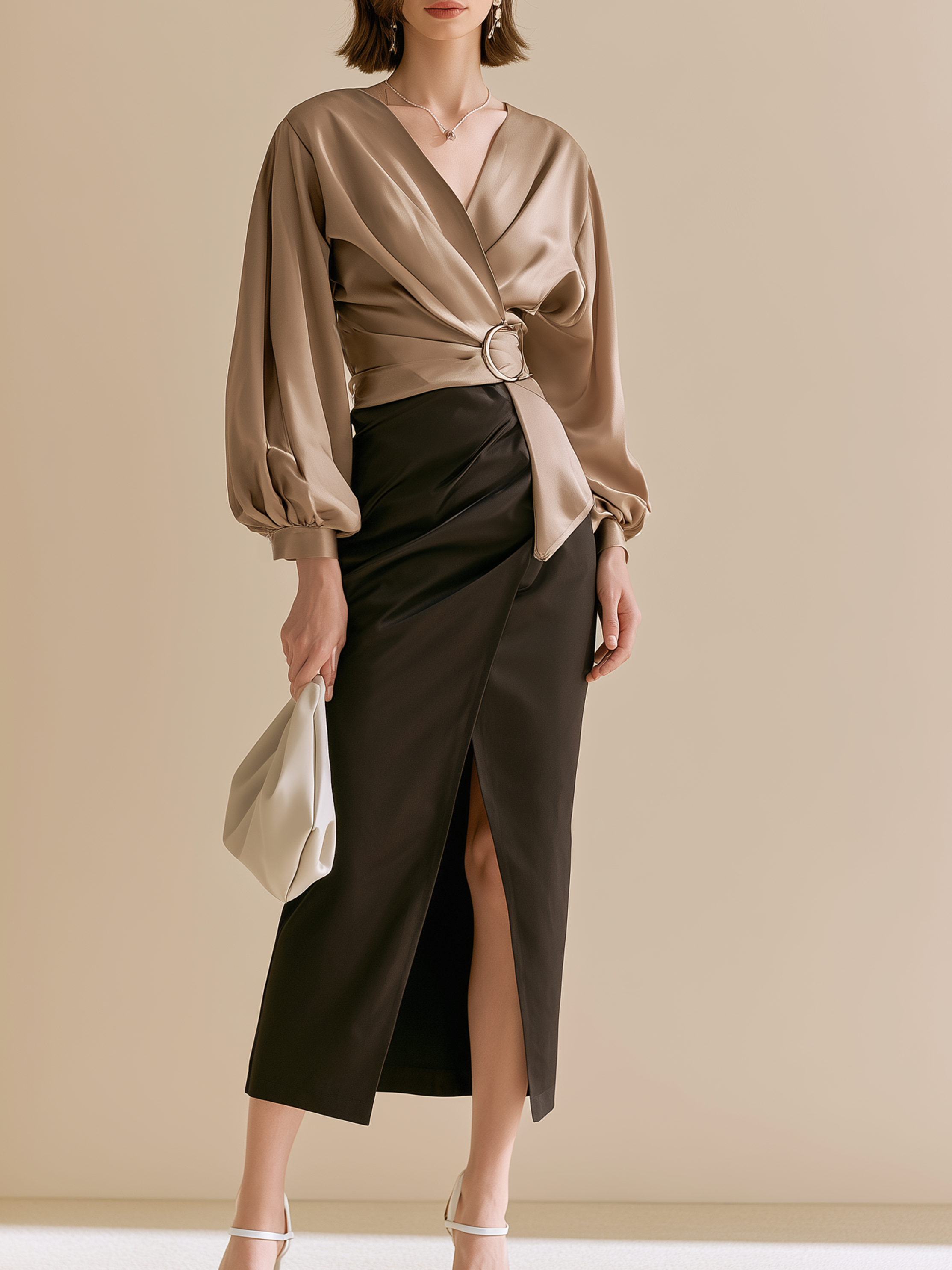 Elegant Taupe Wrap Blouse & High Slit Midi Skirt Set