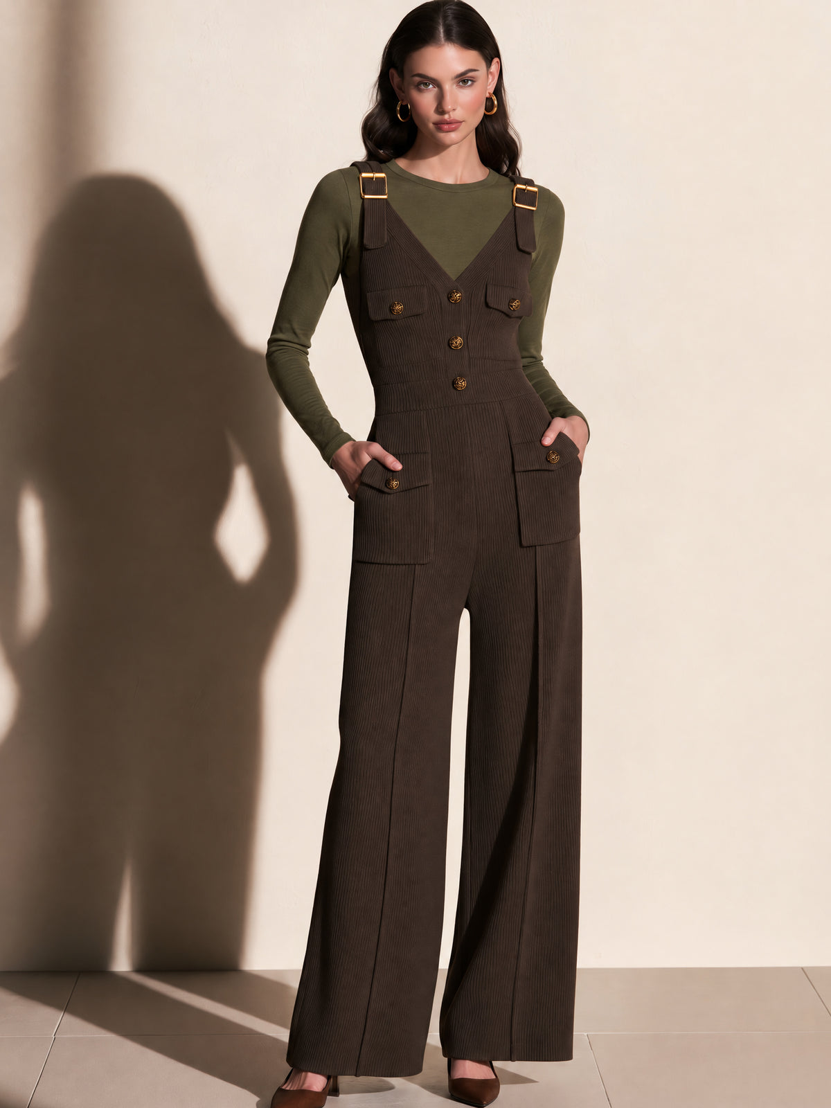 Brown Ribbed Wide-Leg Sleeveless V-Neck Jumpsuit