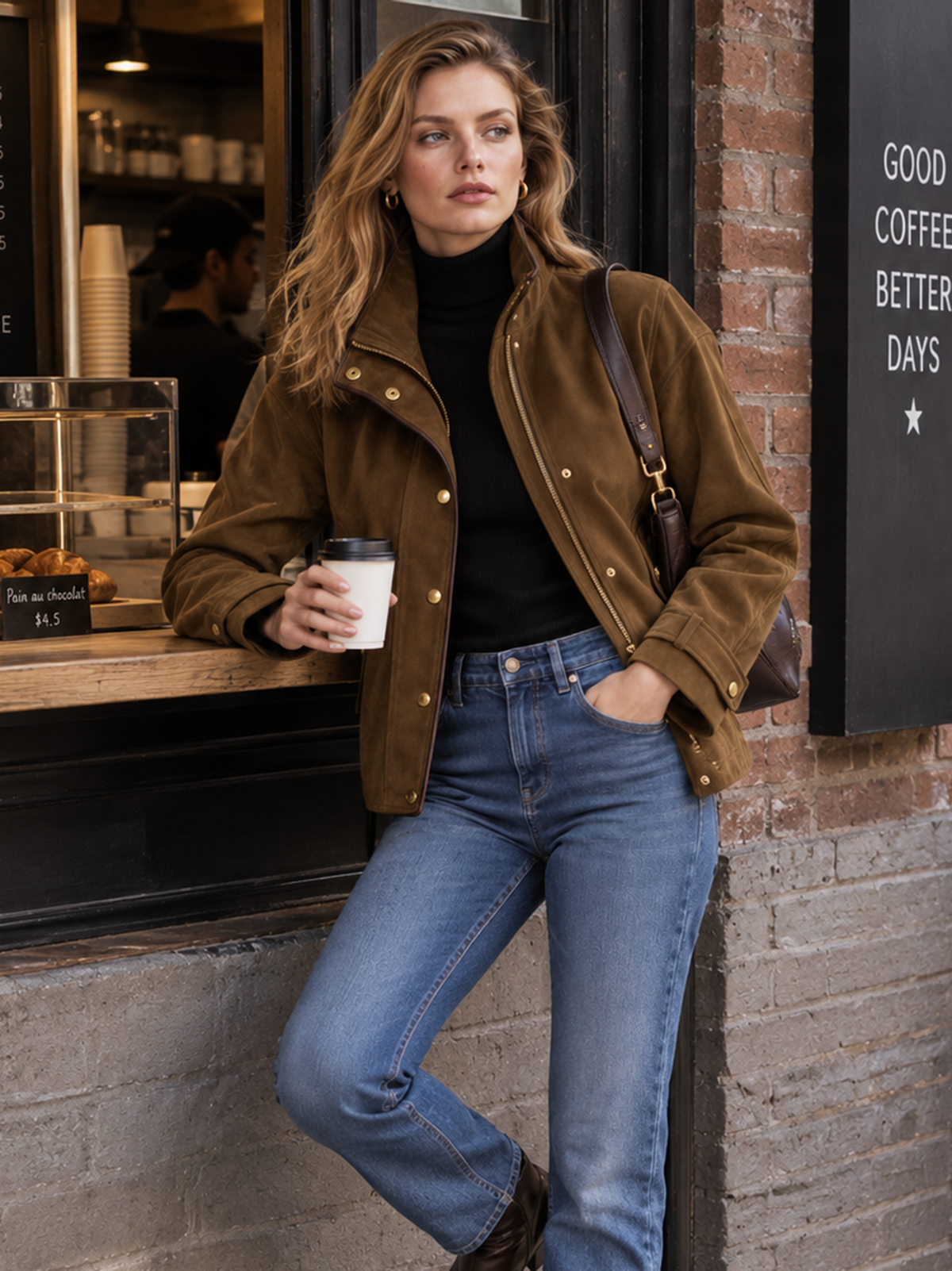 Brown Stand Collar Gold Button Casual Jacket