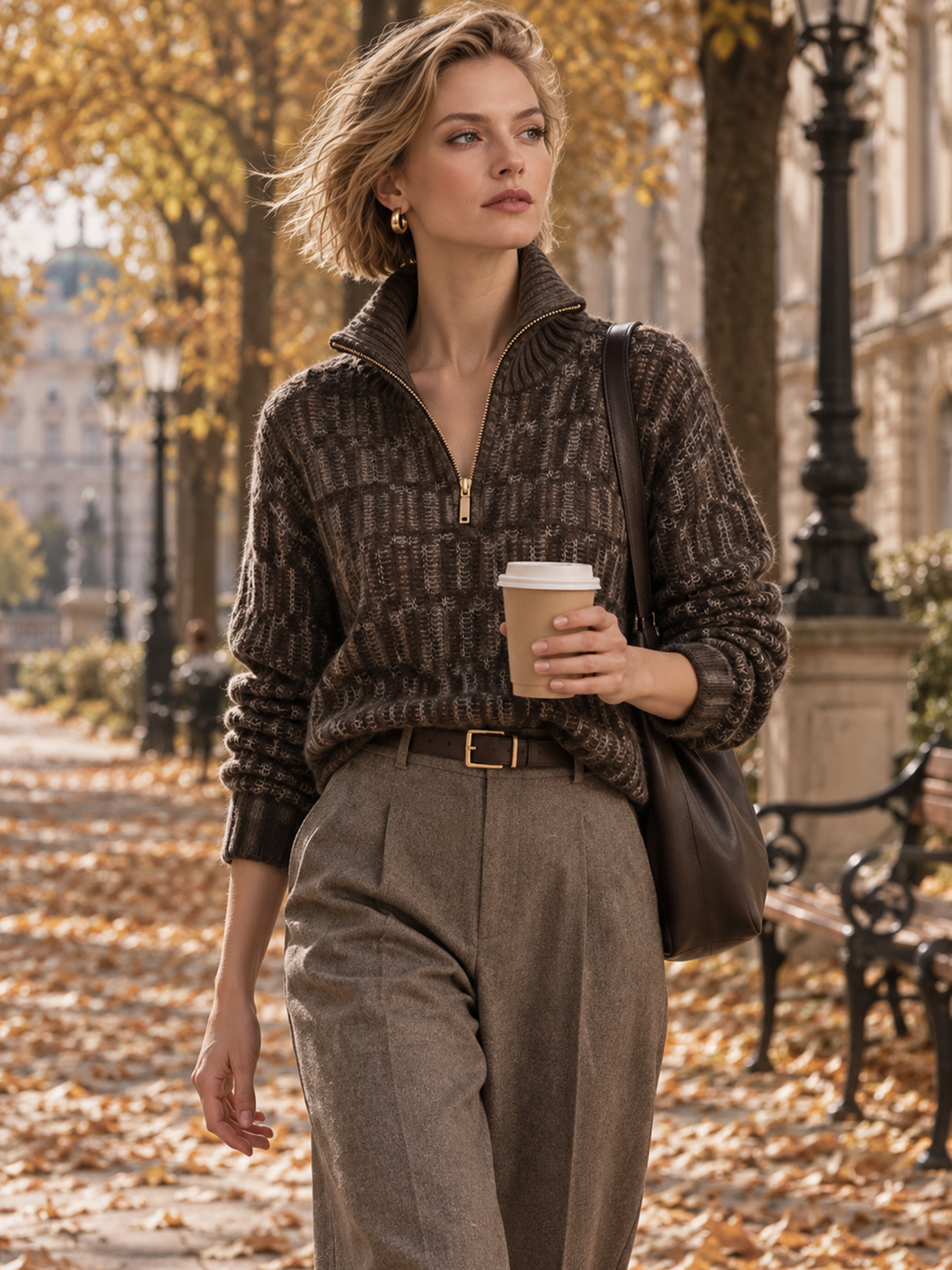 Dark Brown Textured Jacquard Half Zip Loose Top