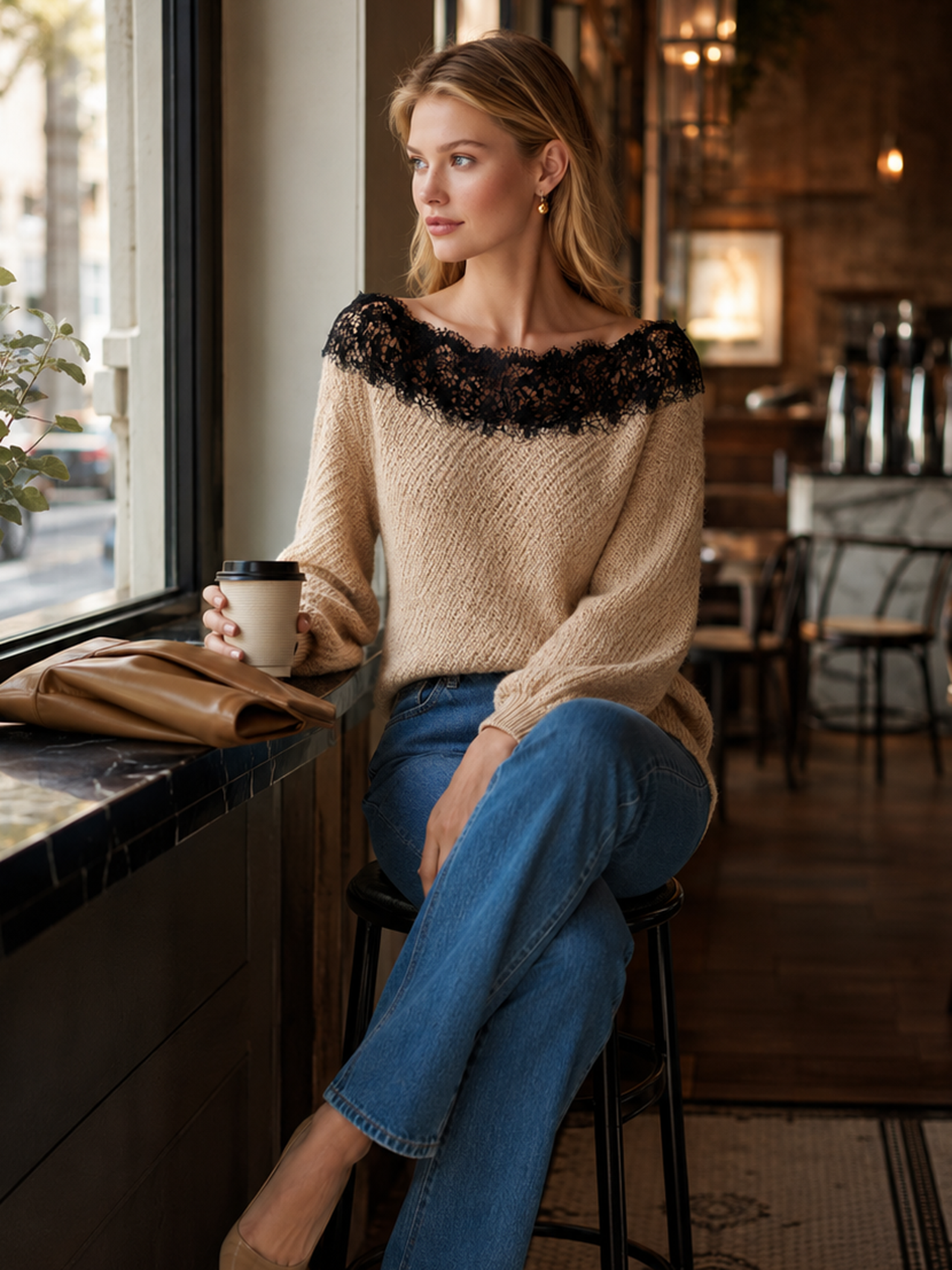 Oat Lace Off‑The‑Shoulder Loose Pullover Sweater