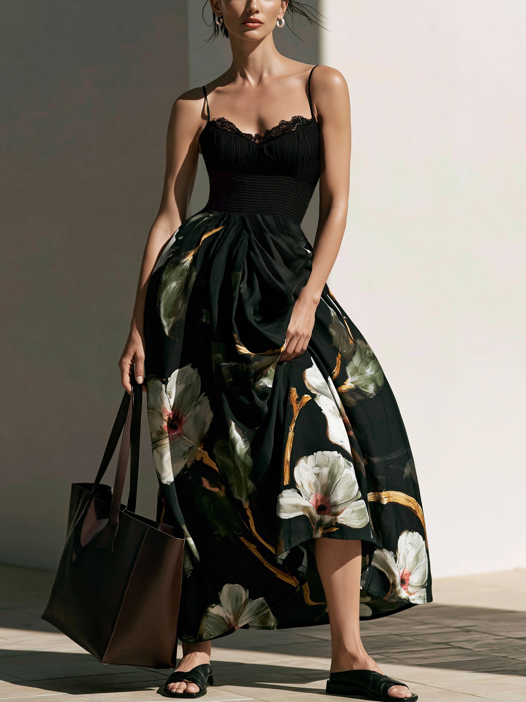Liserie Chiffon Black Floral Print Midi Dress