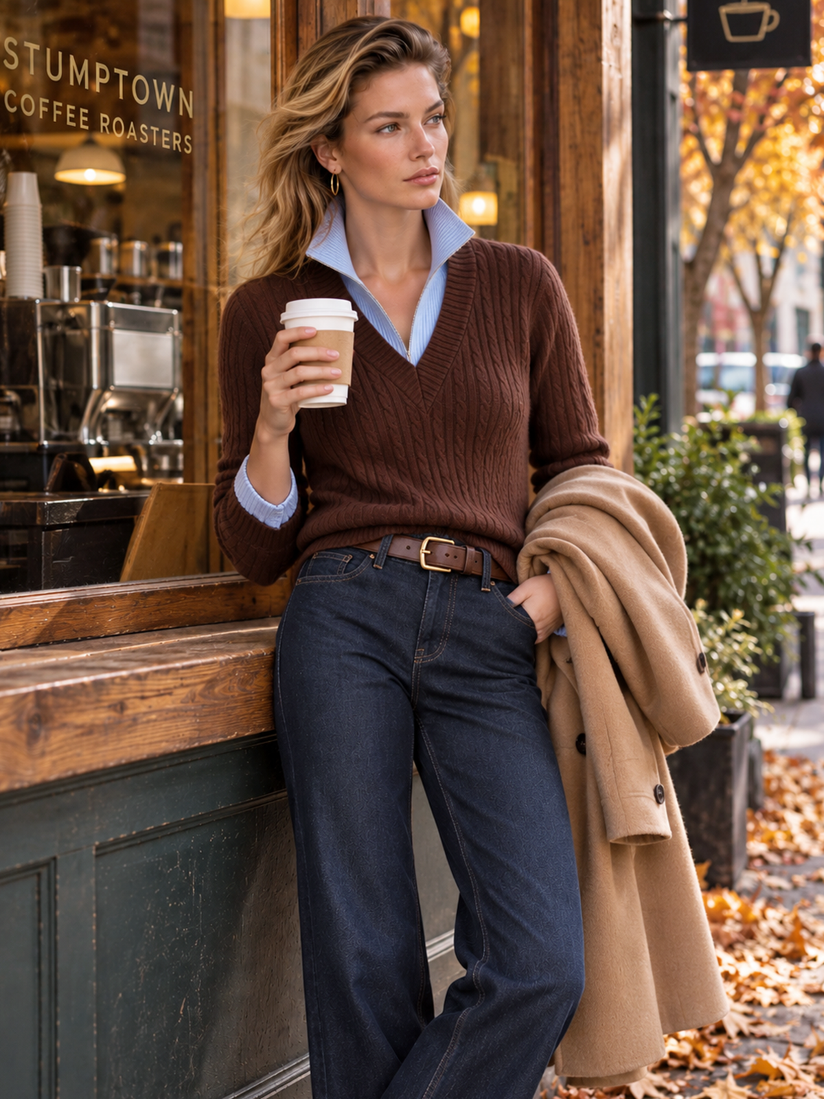 Brown Blue Color Block Cable Knit Mock Two-Piece Half Zip Turtleneck Sweater