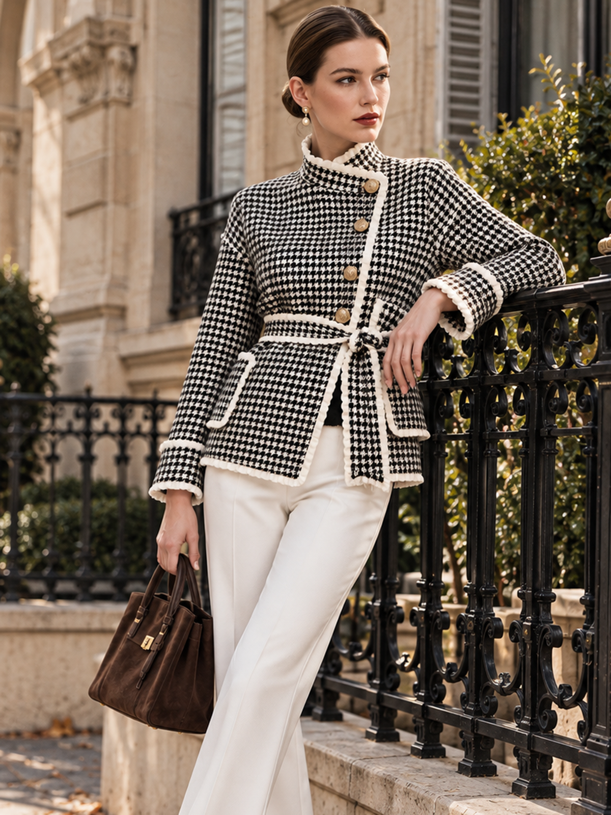 Black White Houndstooth Ruffle Trim Belted Short Coat