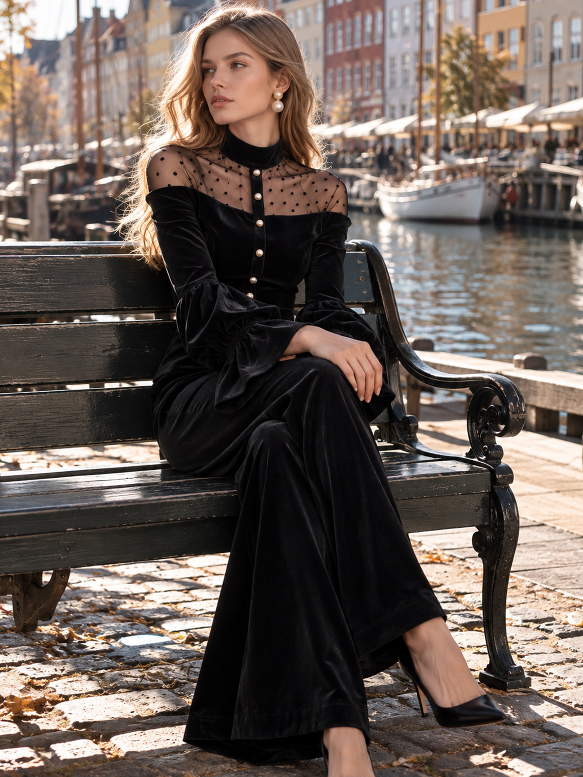Black Velvet Polka Dot Mesh High Neck Wide Leg Pants Set