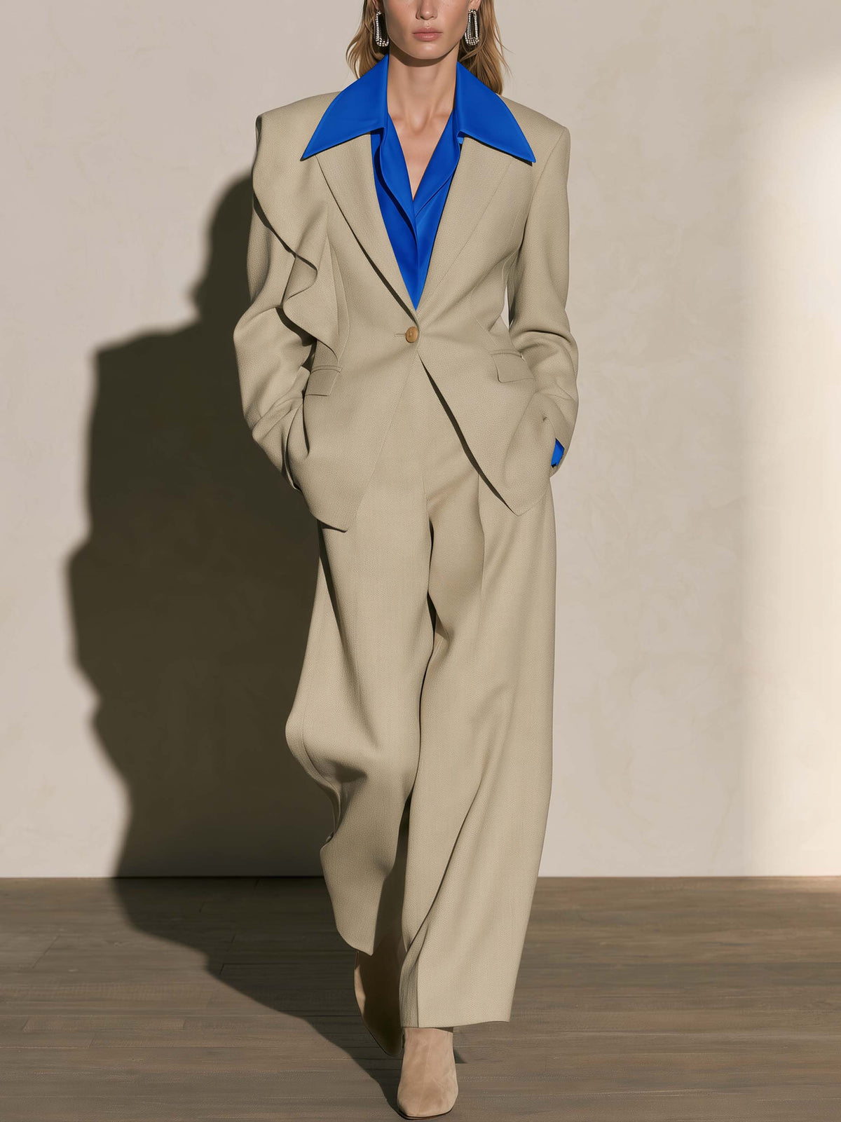 Oat Ruffle Trim Fitted Blazer & Wide Leg Pants Set