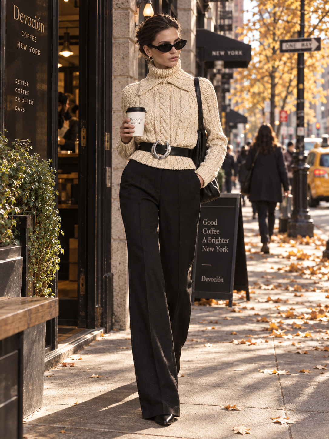 Cream Chunky Cable Knit Turtleneck Sweater With Oversized Fold-Over Collar