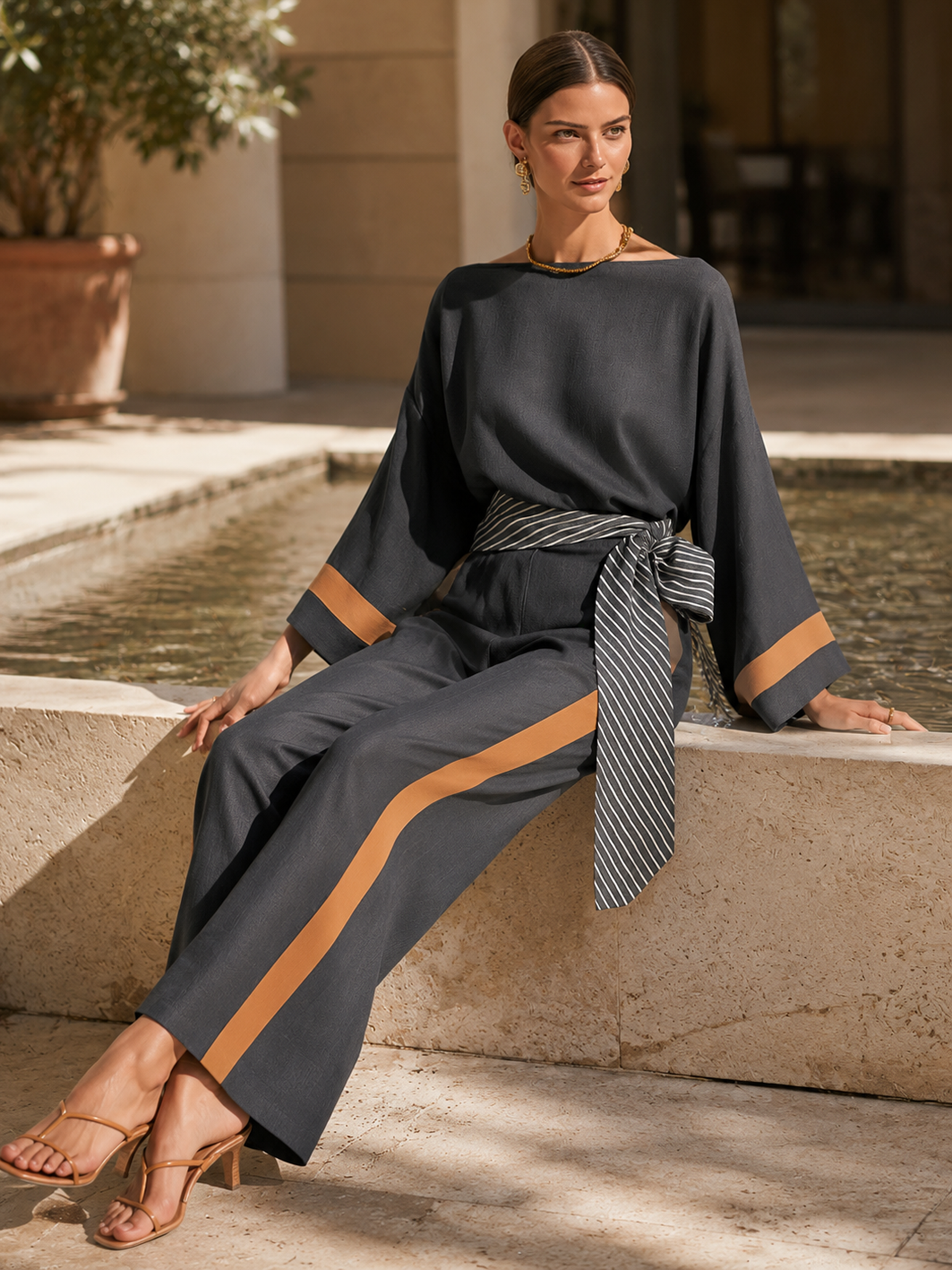 Elegant Textured Charcoal Caramel Trim Loose Top Straight Trousers