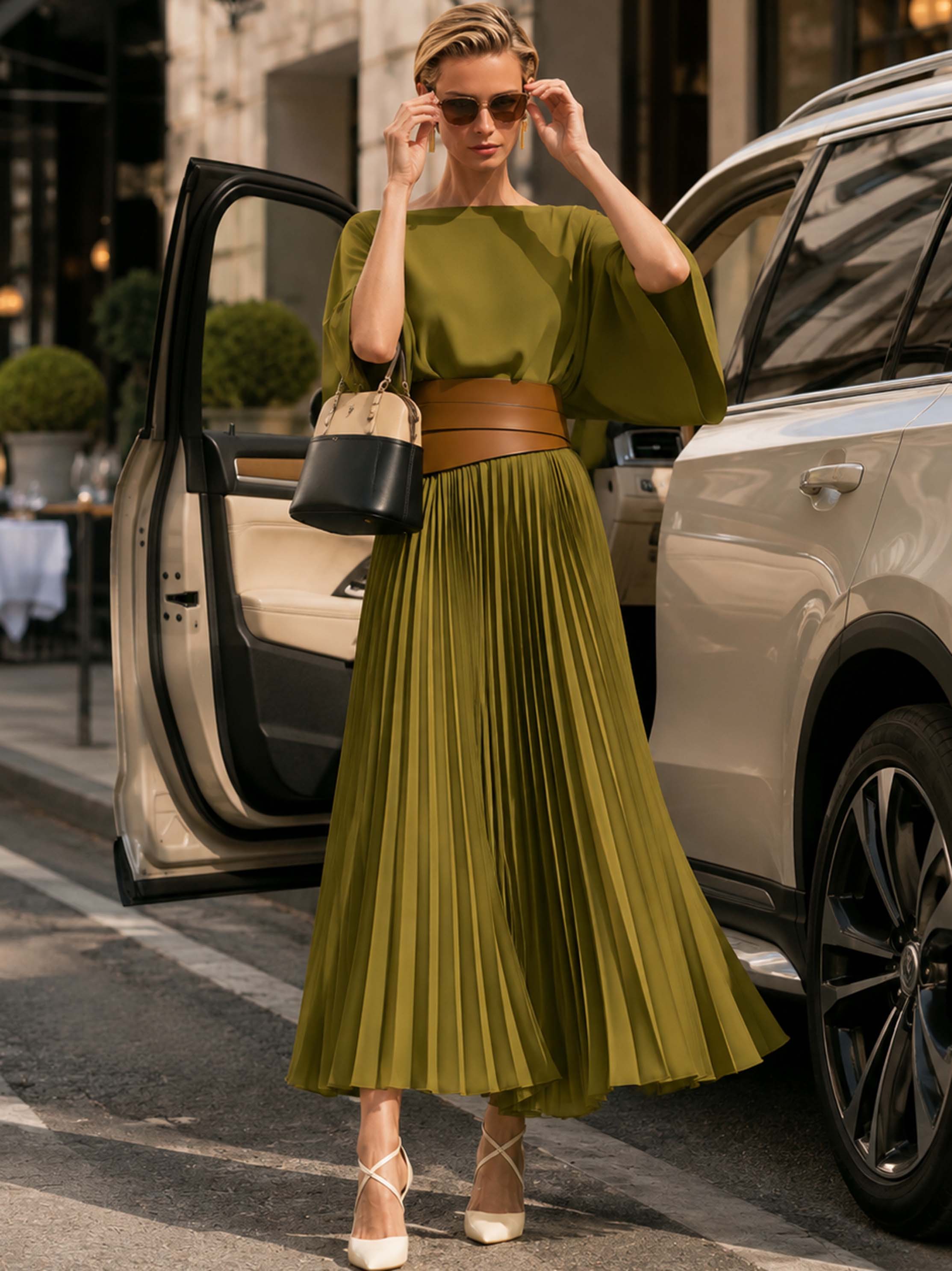 Elegant Olive Boat Neck Batwing Sleeve Pleated Midi Two-Piece Set