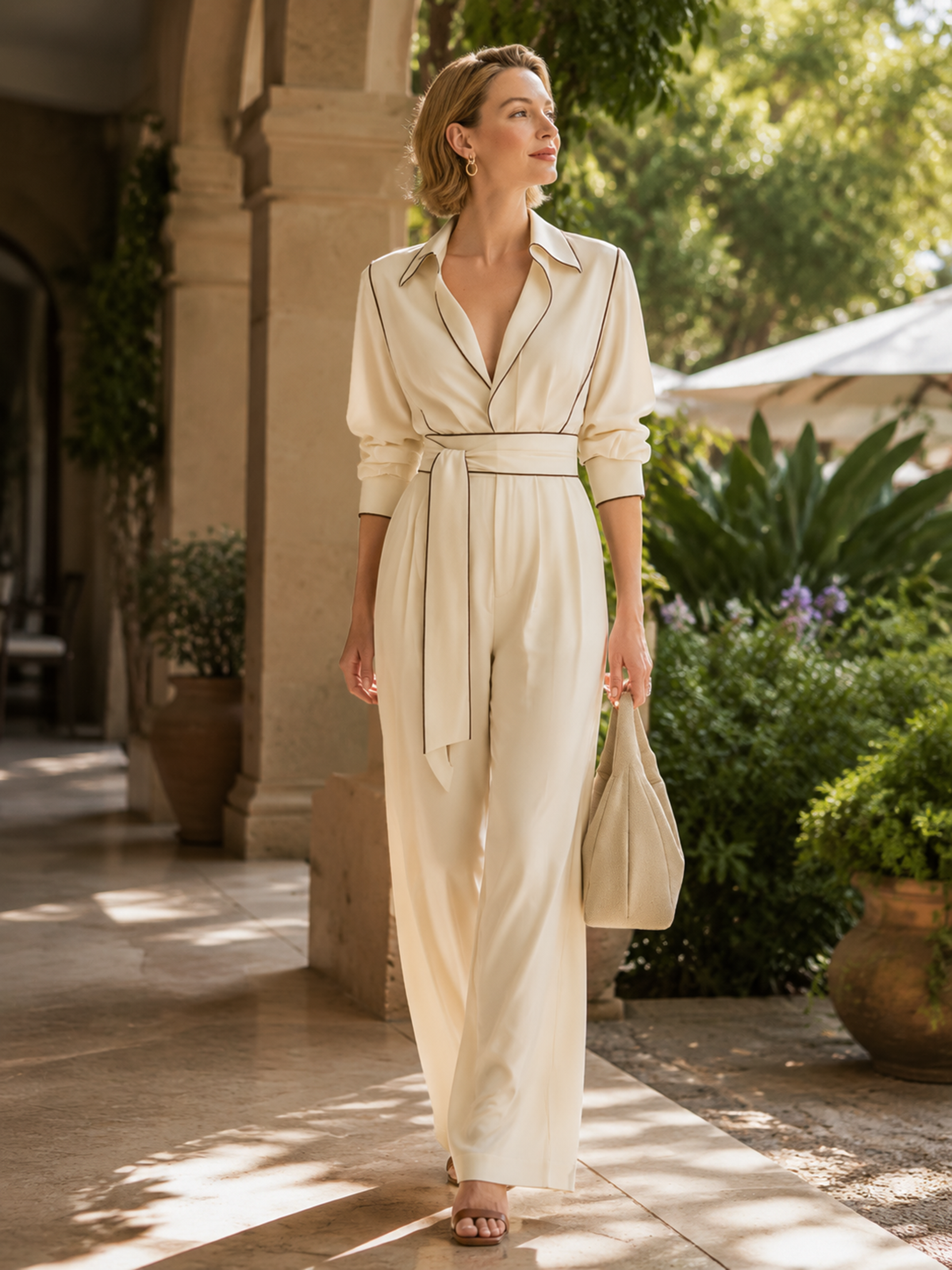 Cream Brown Piped Collar Tie Waist Wide Leg Pant Two-Piece Set