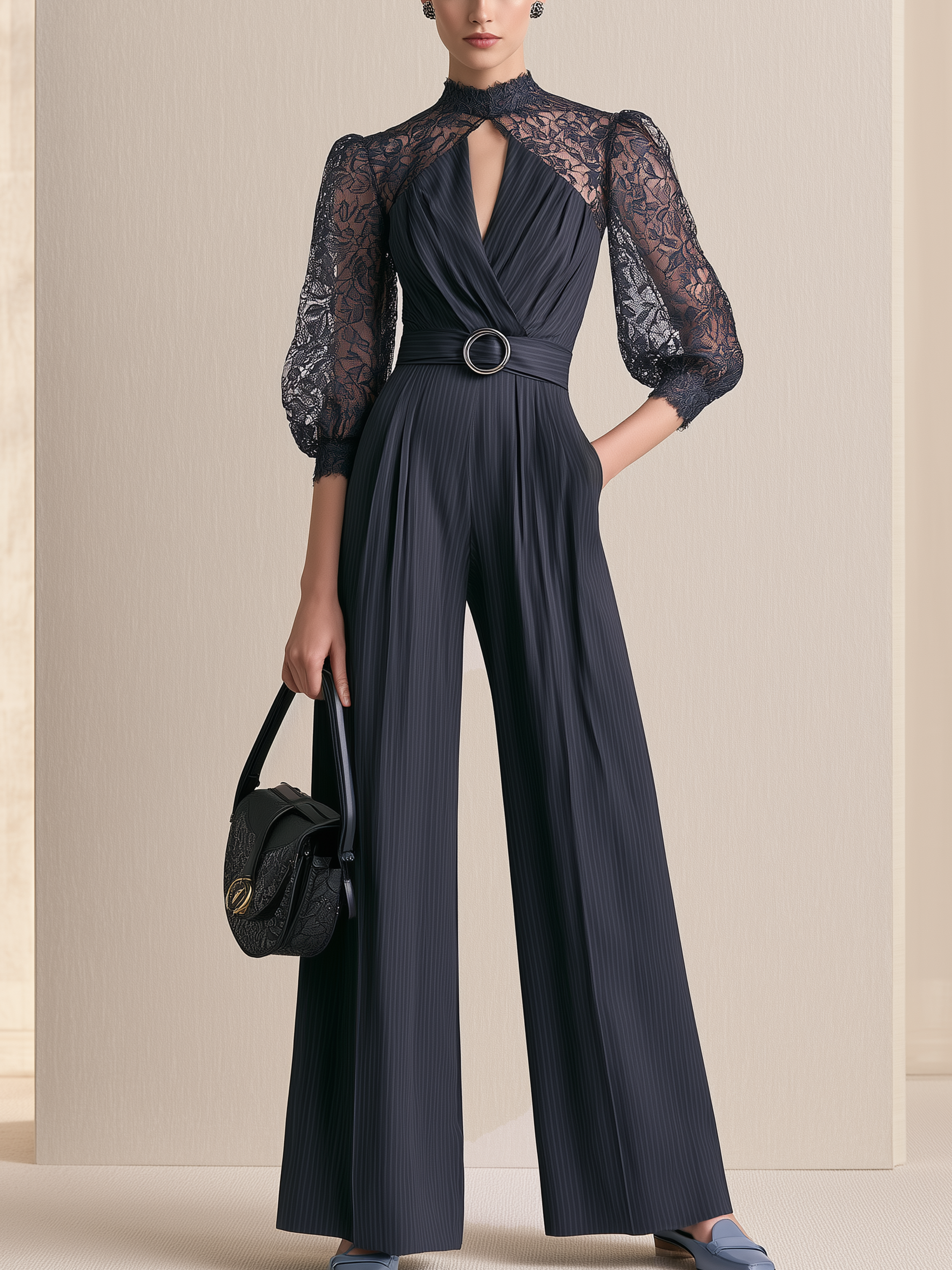 Navy Lace Mock Neck Waisted Wide‑Leg Jumpsuit