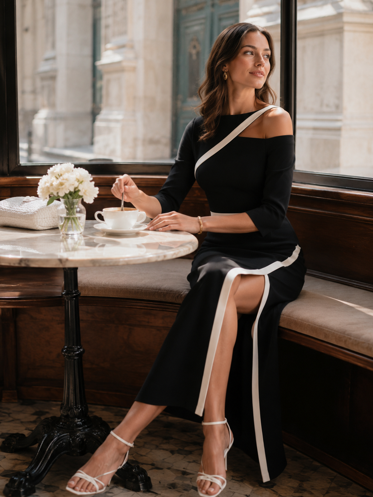 Black White Contrast Asymmetrical Cold Shoulder Slit Midi Dress