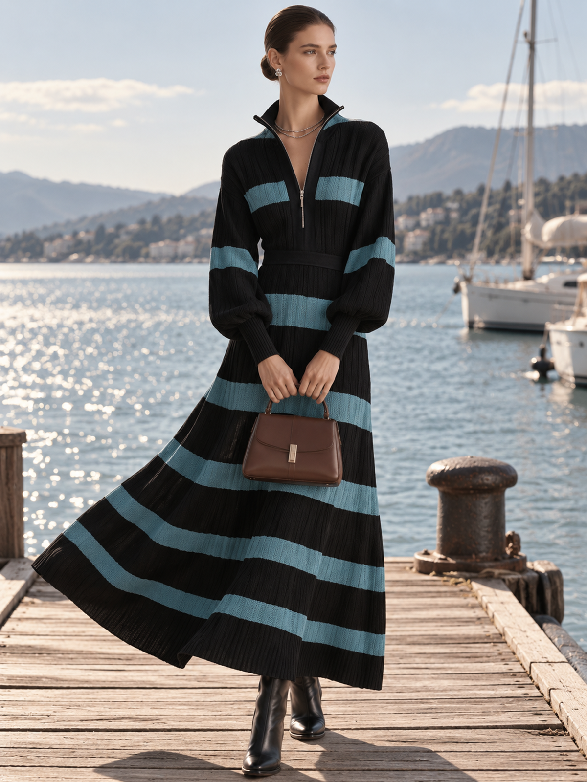 Color‑Block Half‑Zip Collar Striped Waisted Knit Maxi Dress