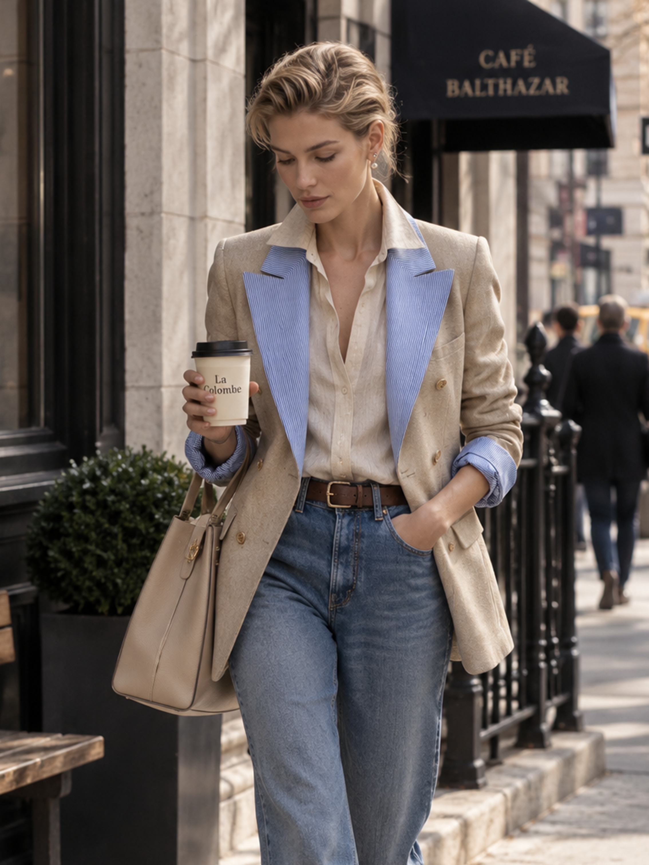 Contrast Stripe Lapel Linen‑Textured Double‑Breasted Blazer