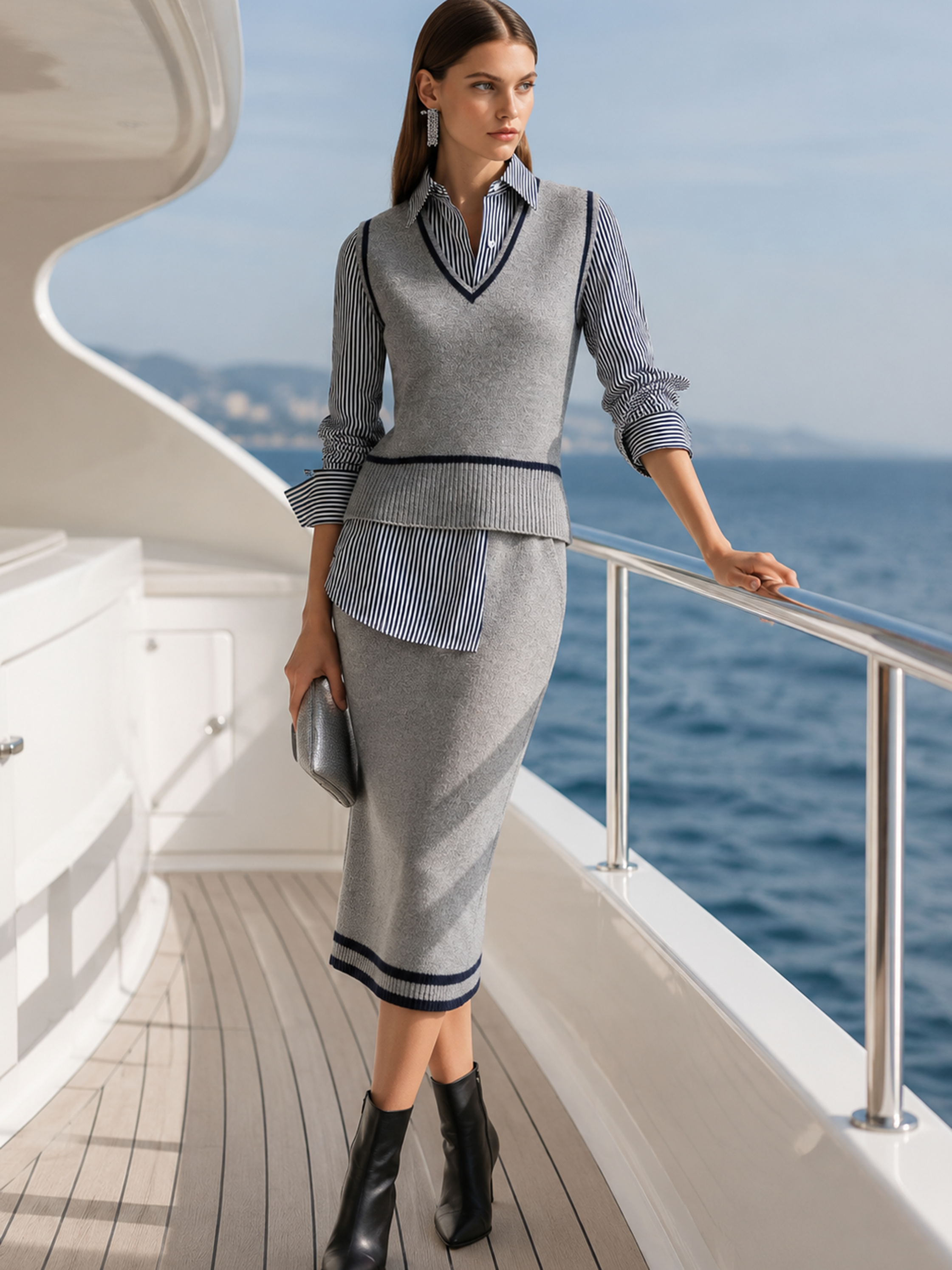 Navy Contrast Trim Grey Straight Knit Midi Skirt