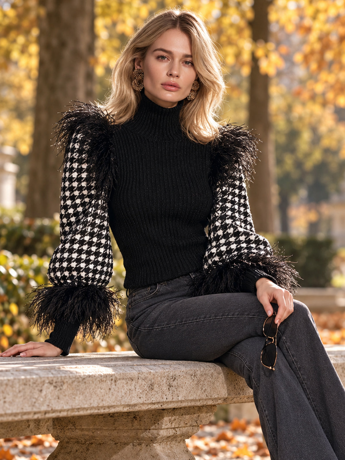 Black Houndstooth Sleeve Turtleneck Sweater