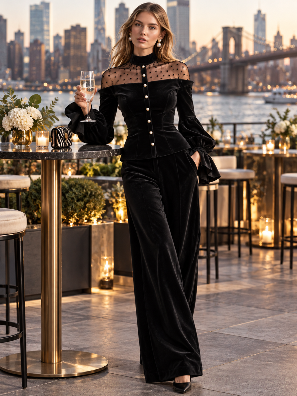Black Velvet Polka Dot Mesh High Neck Wide Leg Pants Set