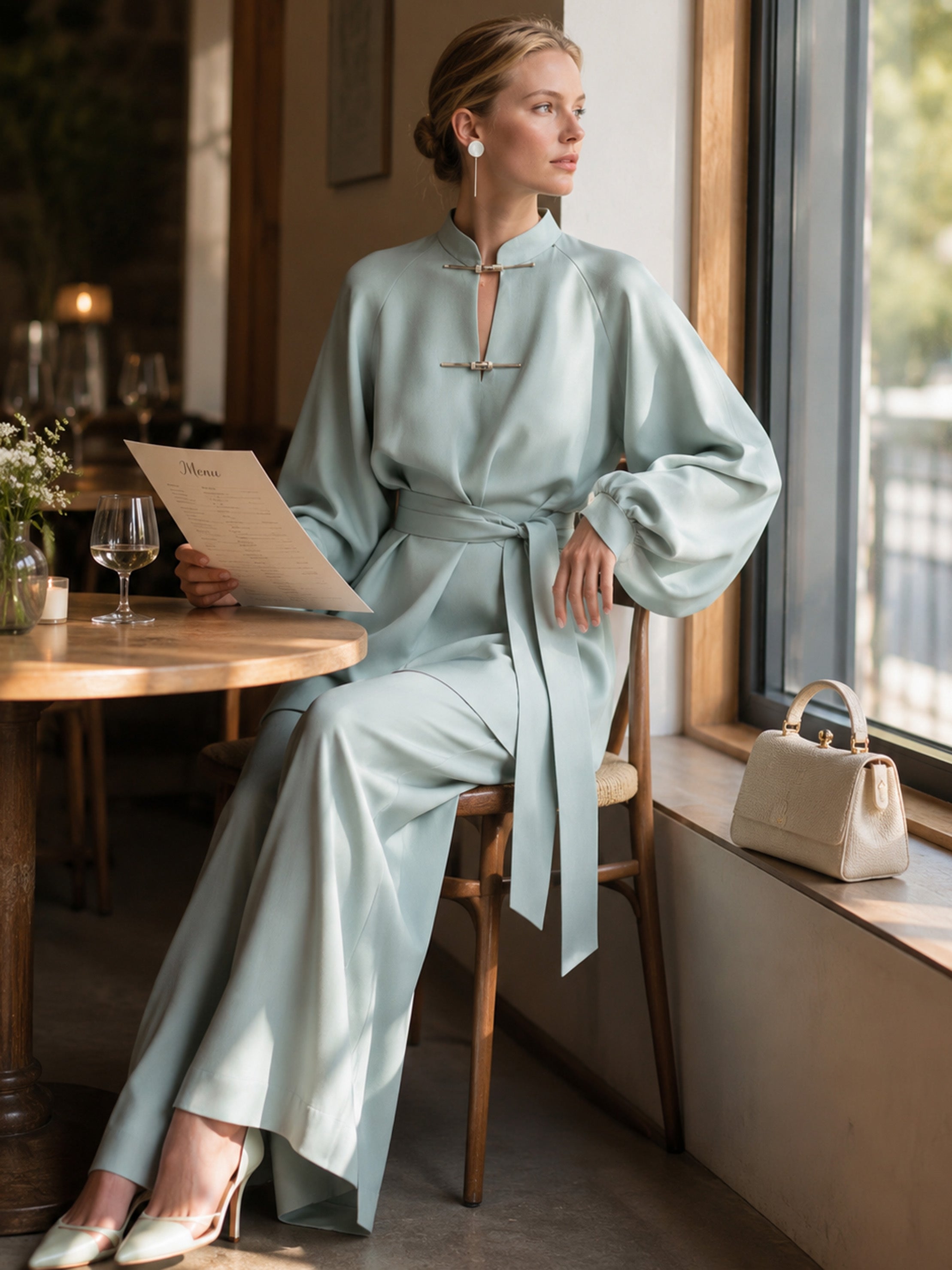 Mandarin Collar Lantern Sleeve Belted Top with Wide Leg Pants Set