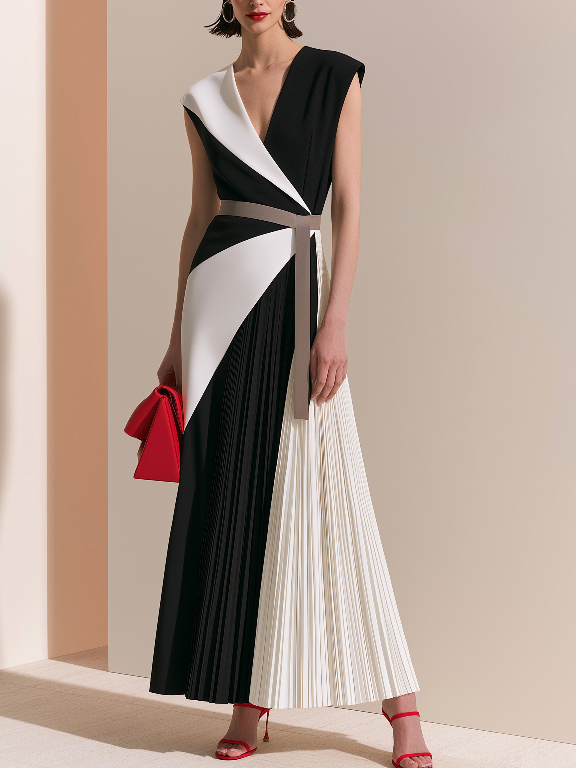 Elegant Colorblock Geometric V-Neck Draped Pleated Work Dress