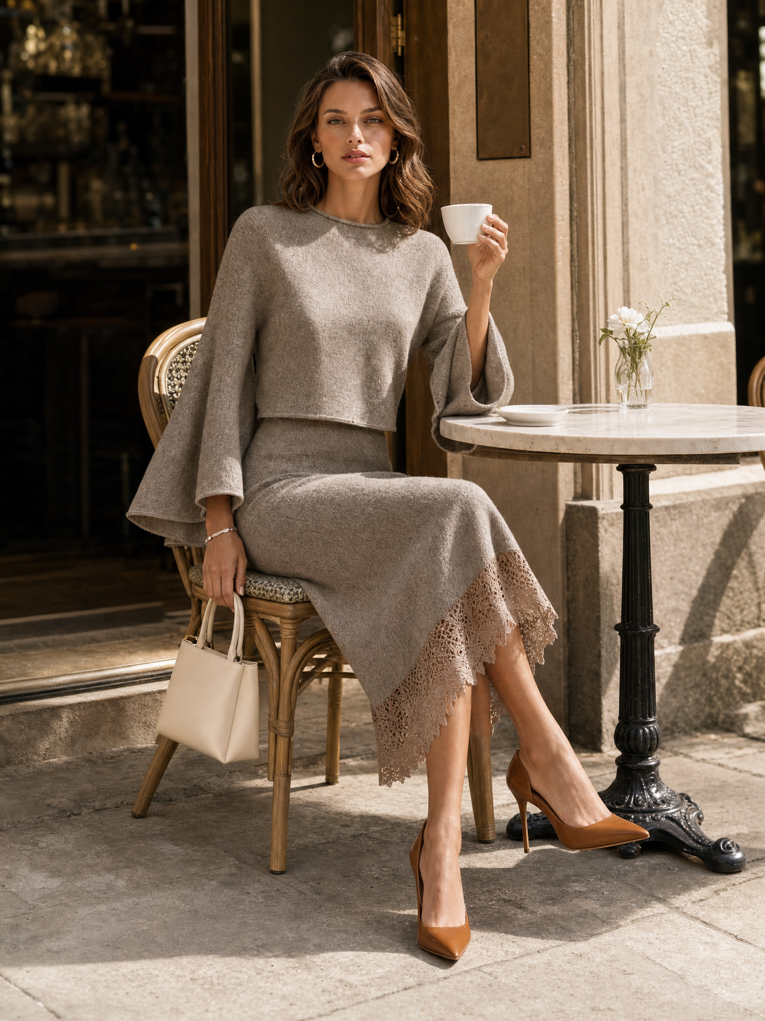 Khaki Wool And Lace Skirt Set