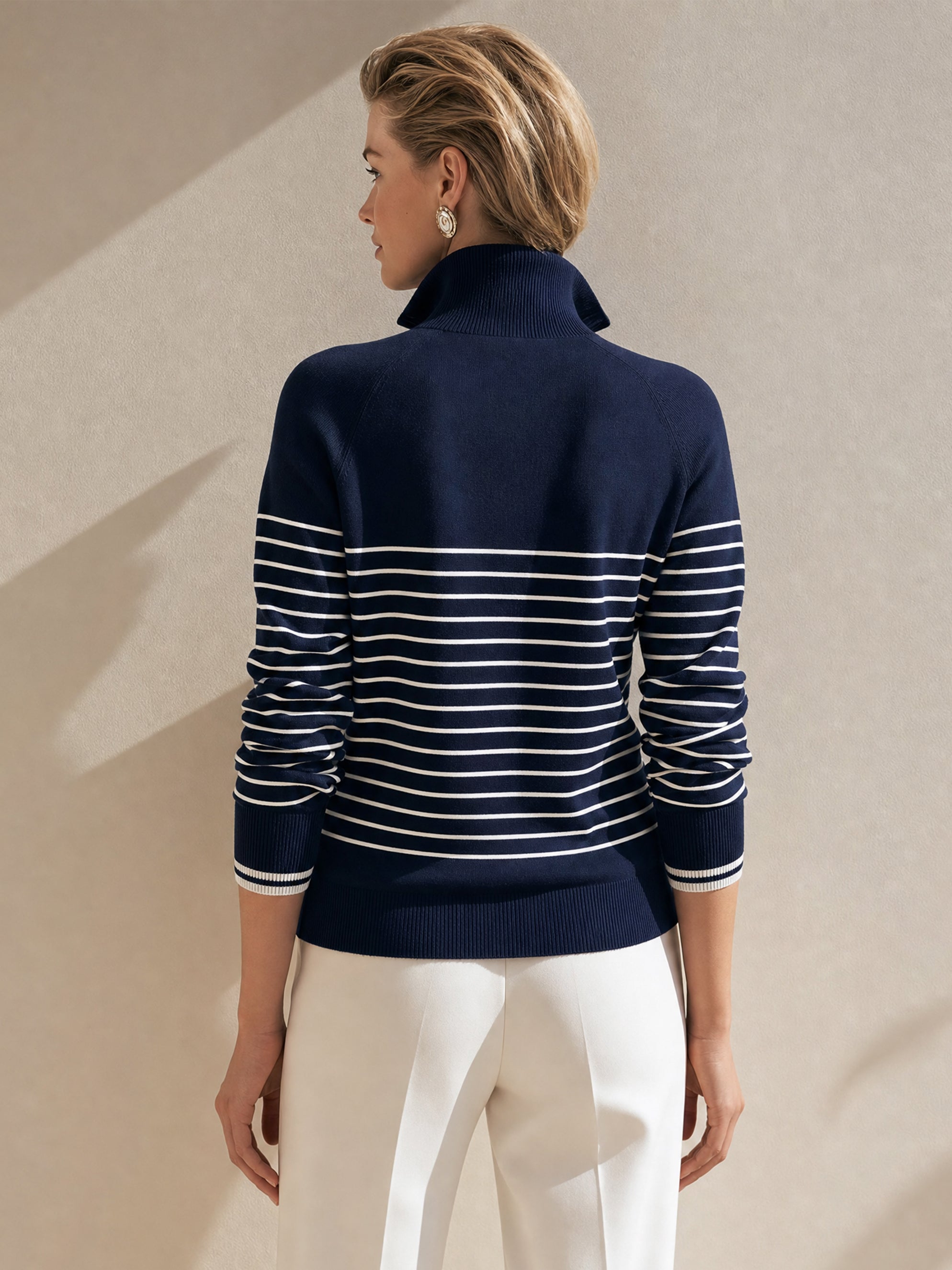 Navy‑White Breton‑Stripe Knit Pullover Sweater