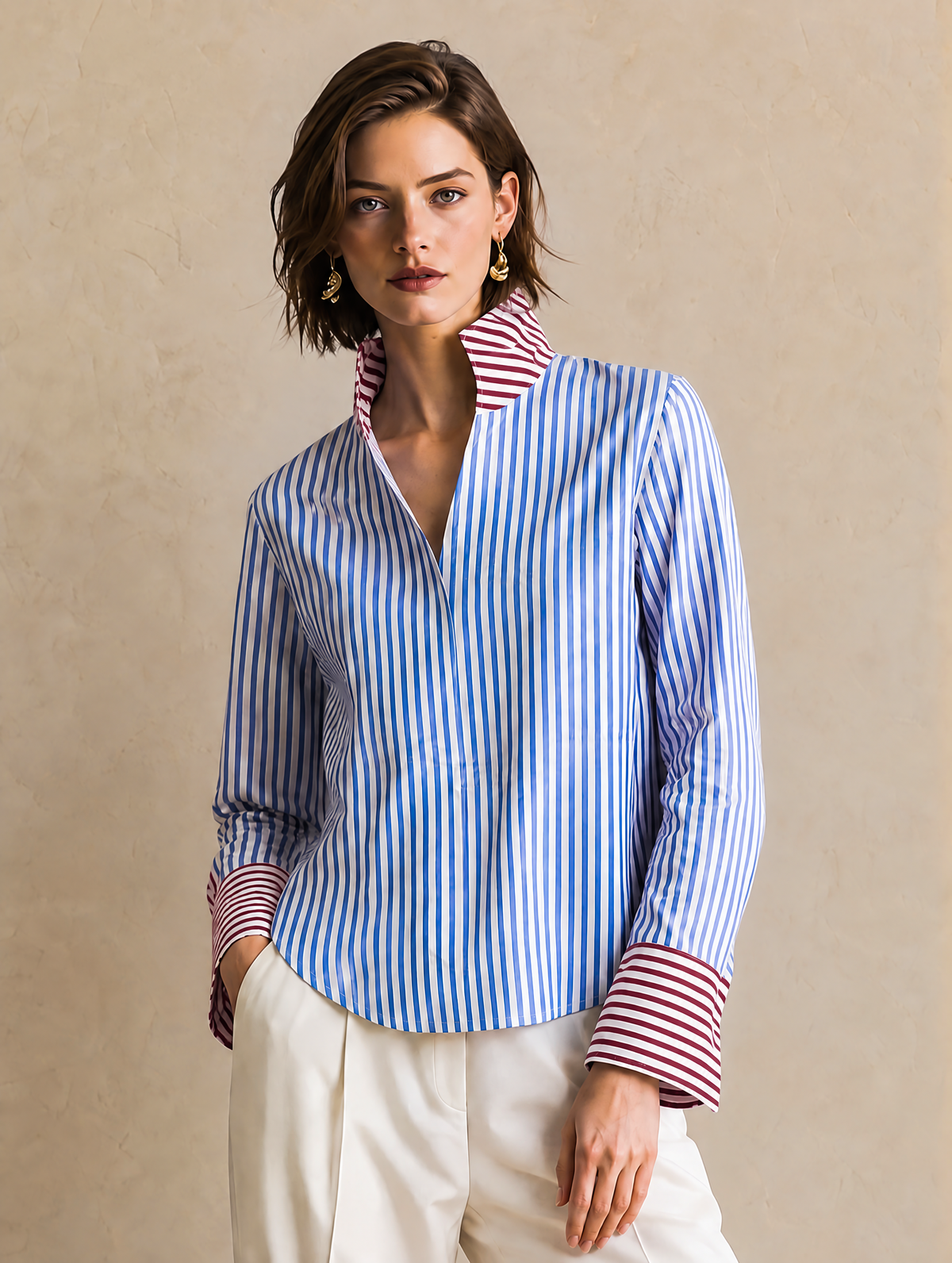 Elegant Blue & Burgundy Contrast Striped V-Neck Shirt