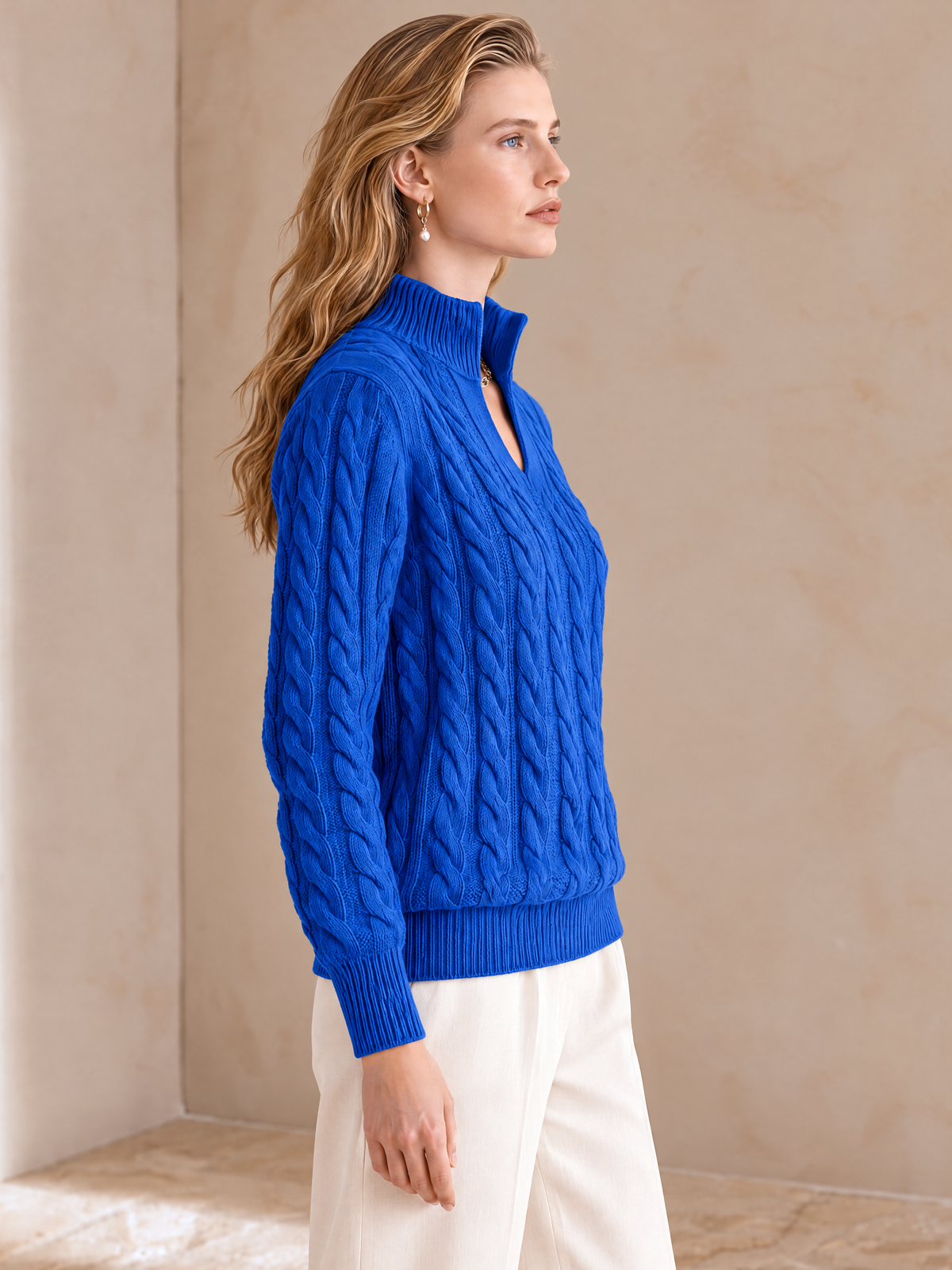 Elegant Jewel Blue Cable-Knit Sweater with Split V-Neck