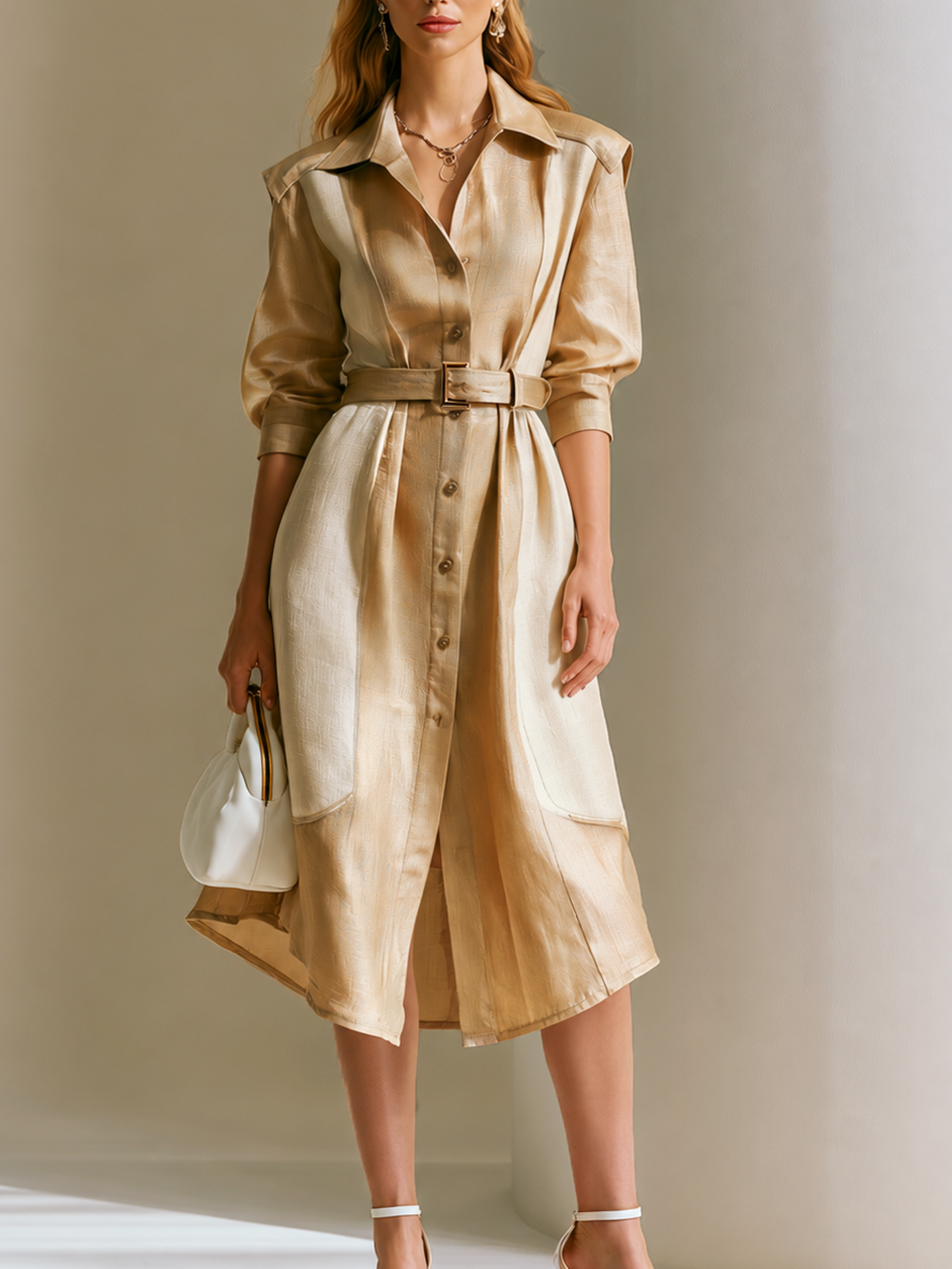 Elegant Khaki Linen Blend Contrast Shirt Dress