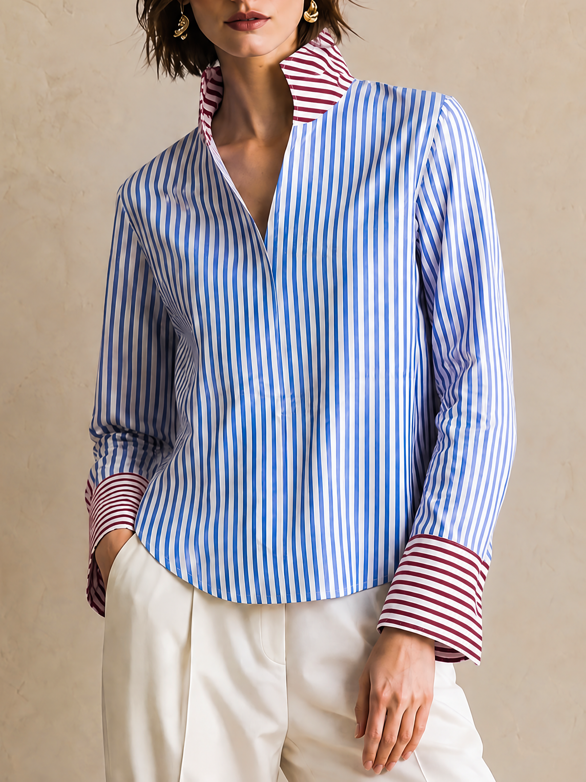Elegant Blue & Burgundy Contrast Striped V-Neck Shirt