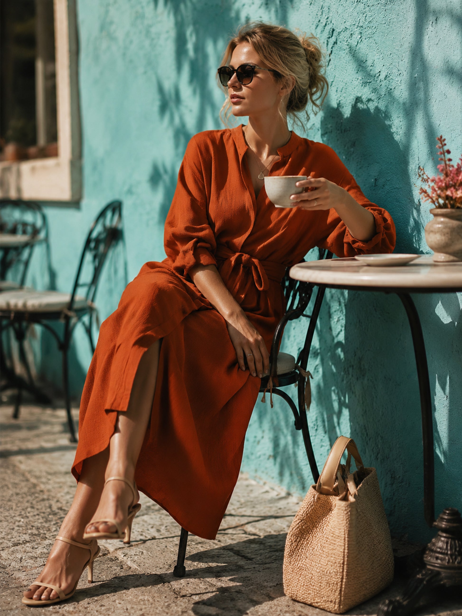 Terracotta Linen Long Sleeve Shirt Midi Dress