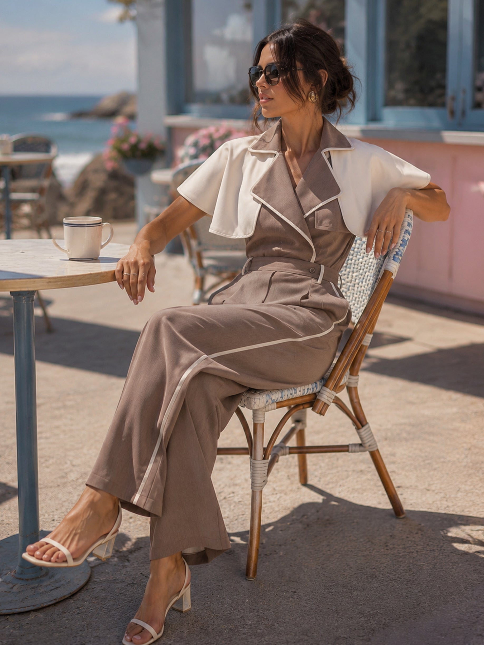 Elegant Contrast Cape Lapel Wide Leg Jumpsuit