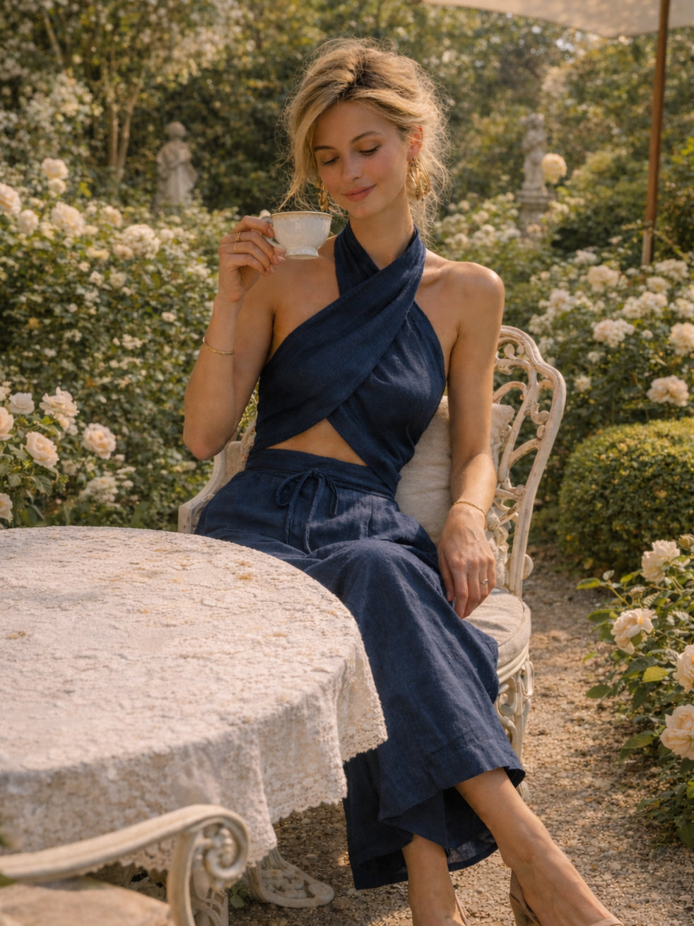 Liserie Linen Halter Neck Crop Top & Wide Leg Pants Set