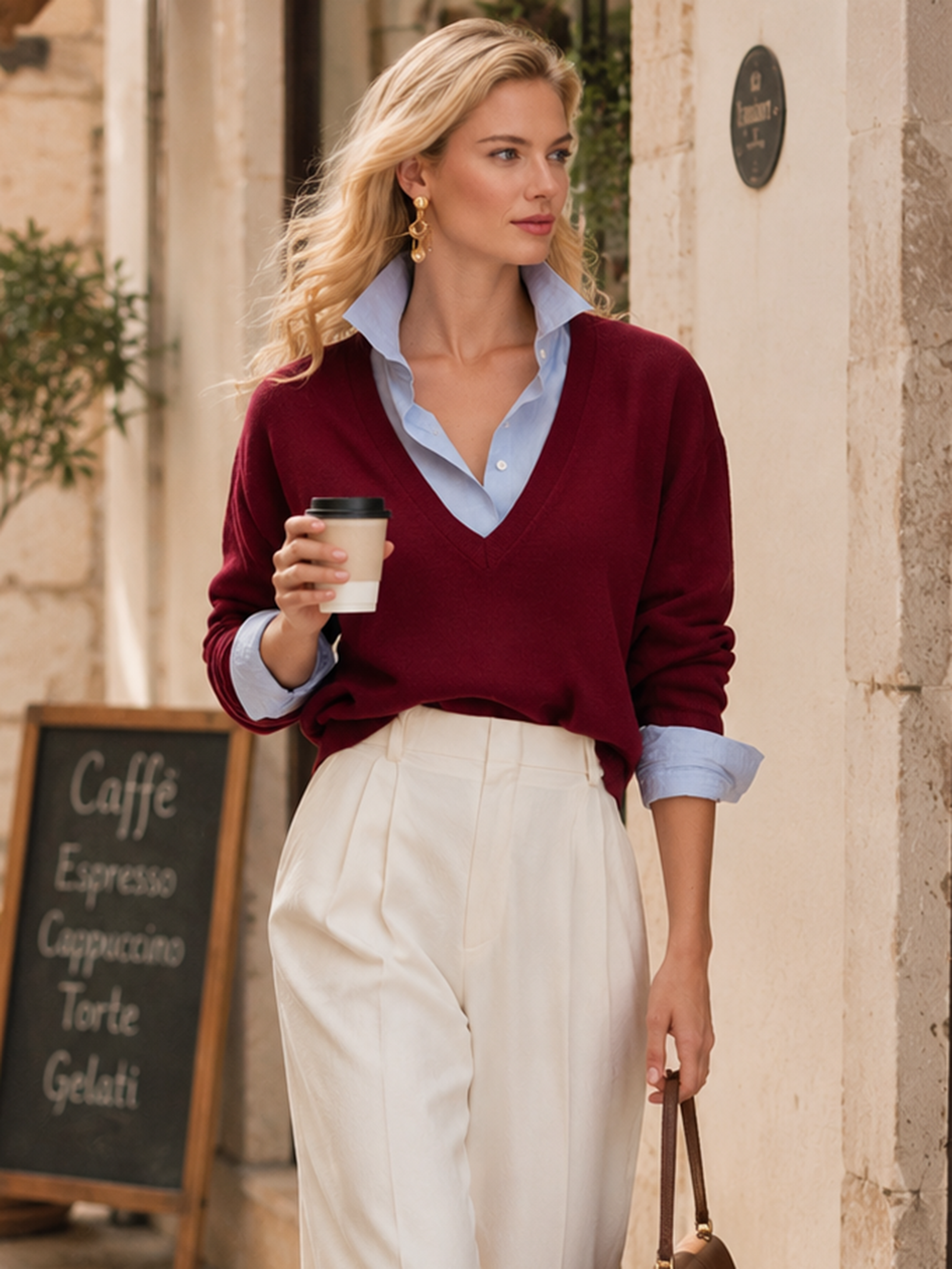Burgundy V‑Neck Shirt‑Yoke Faux Two‑Piece Knit Top