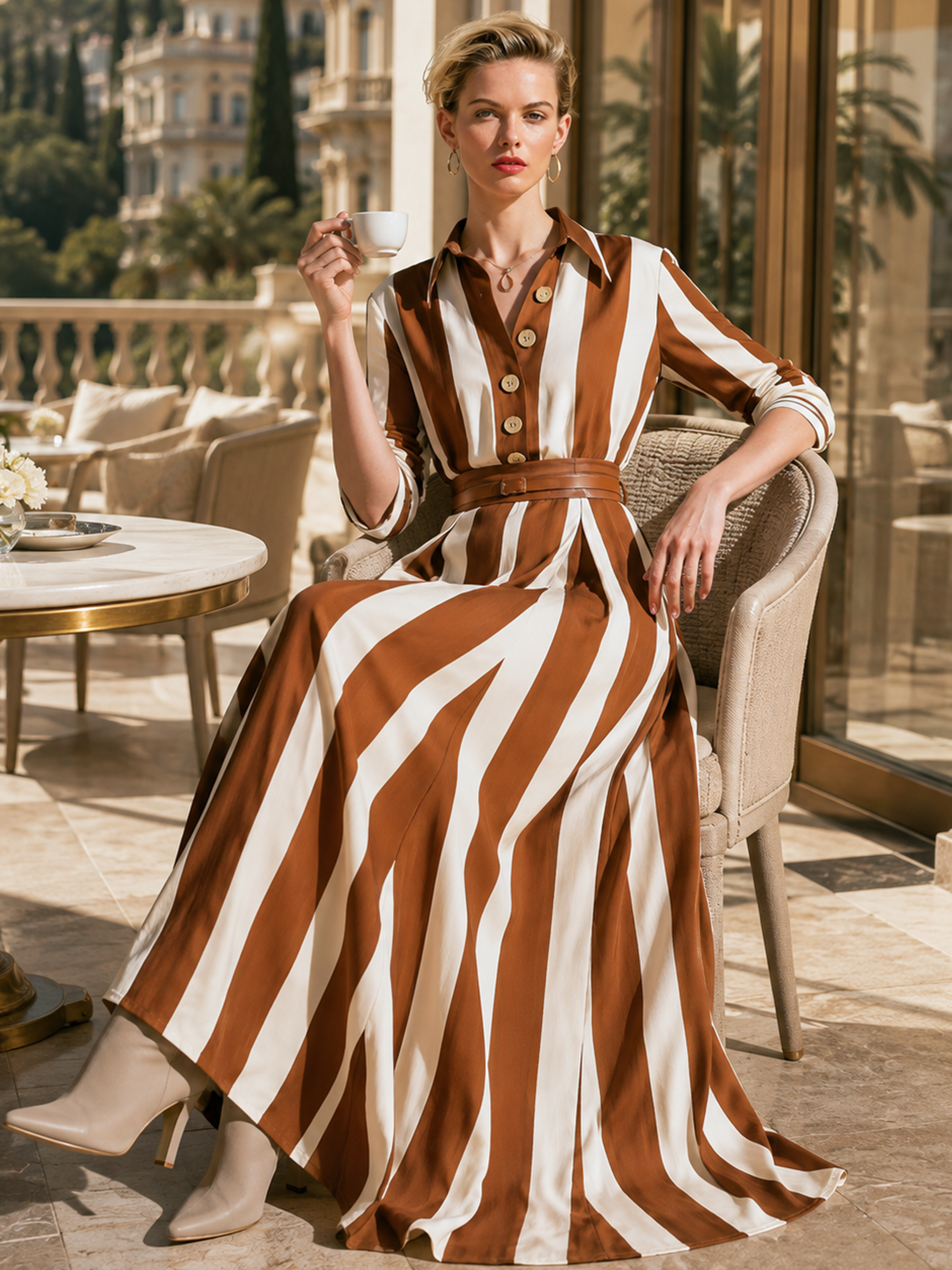 Brown‑White Vertical‑Stripe Shirt Top & Maxi Skirt Two‑Piece Set