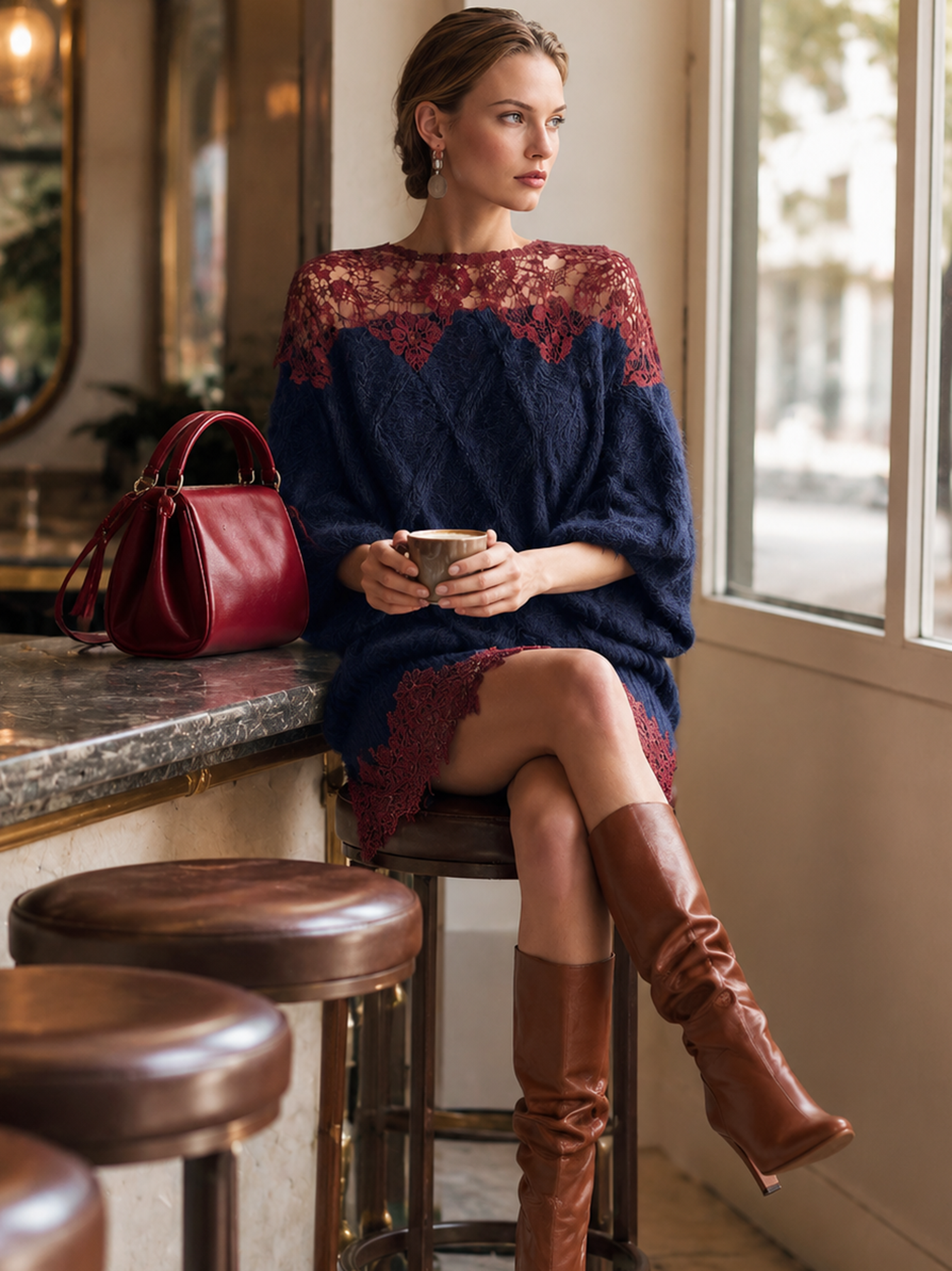 Wine‑Red Lace‑Trim Navy Cable‑Knit Batwing‑Sleeve Mini Dress