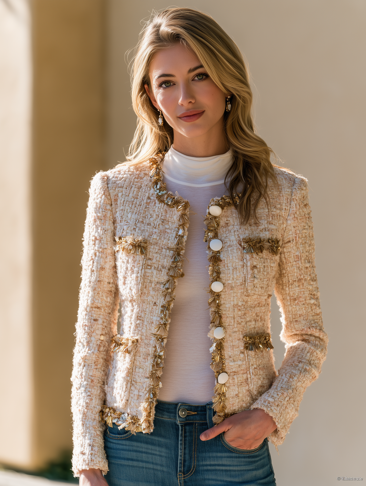 Ivory Tweed Fringe-Trim Button Jacket