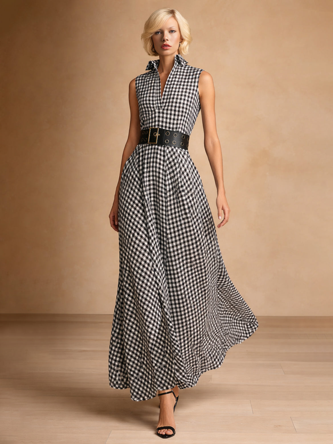 Liserie Tailored Gingham Belted A-Line Occasion Maxi Dress