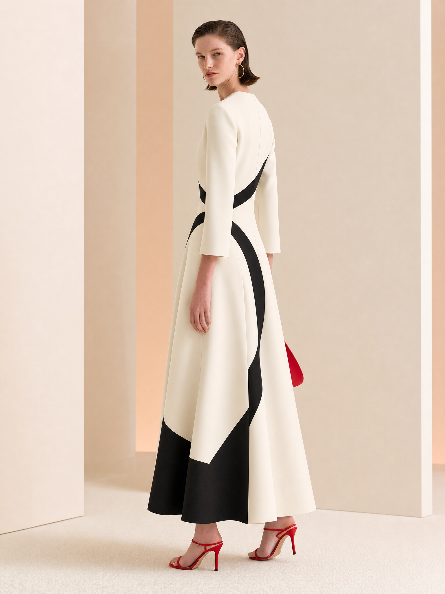 Cream Black Curved Colorblock V-Neck Flare Sleeve A-Line Midi Dress