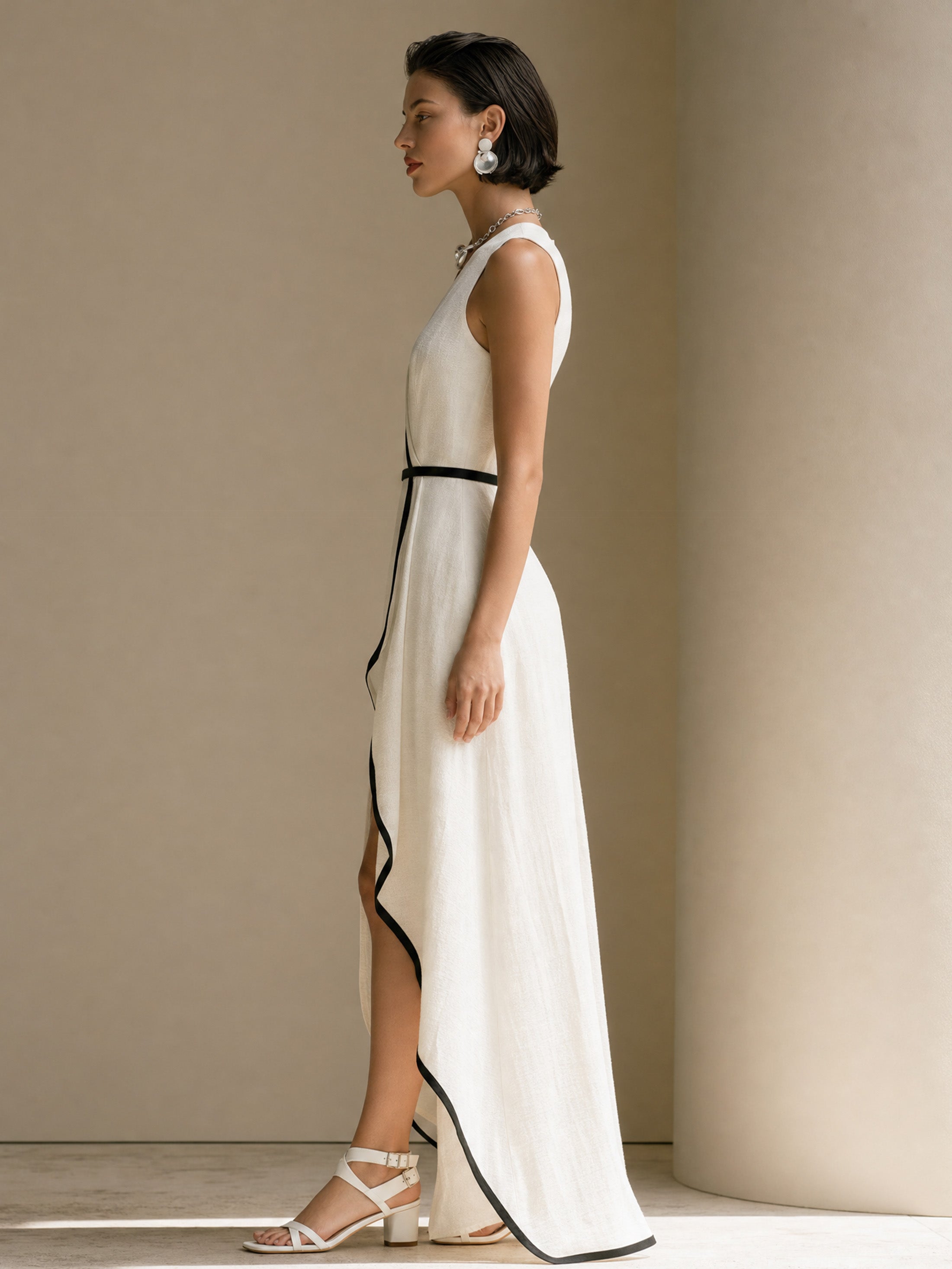 Elegant White Sleeveless Cotton-linen Maxi Dress : Asymmetrical Hem