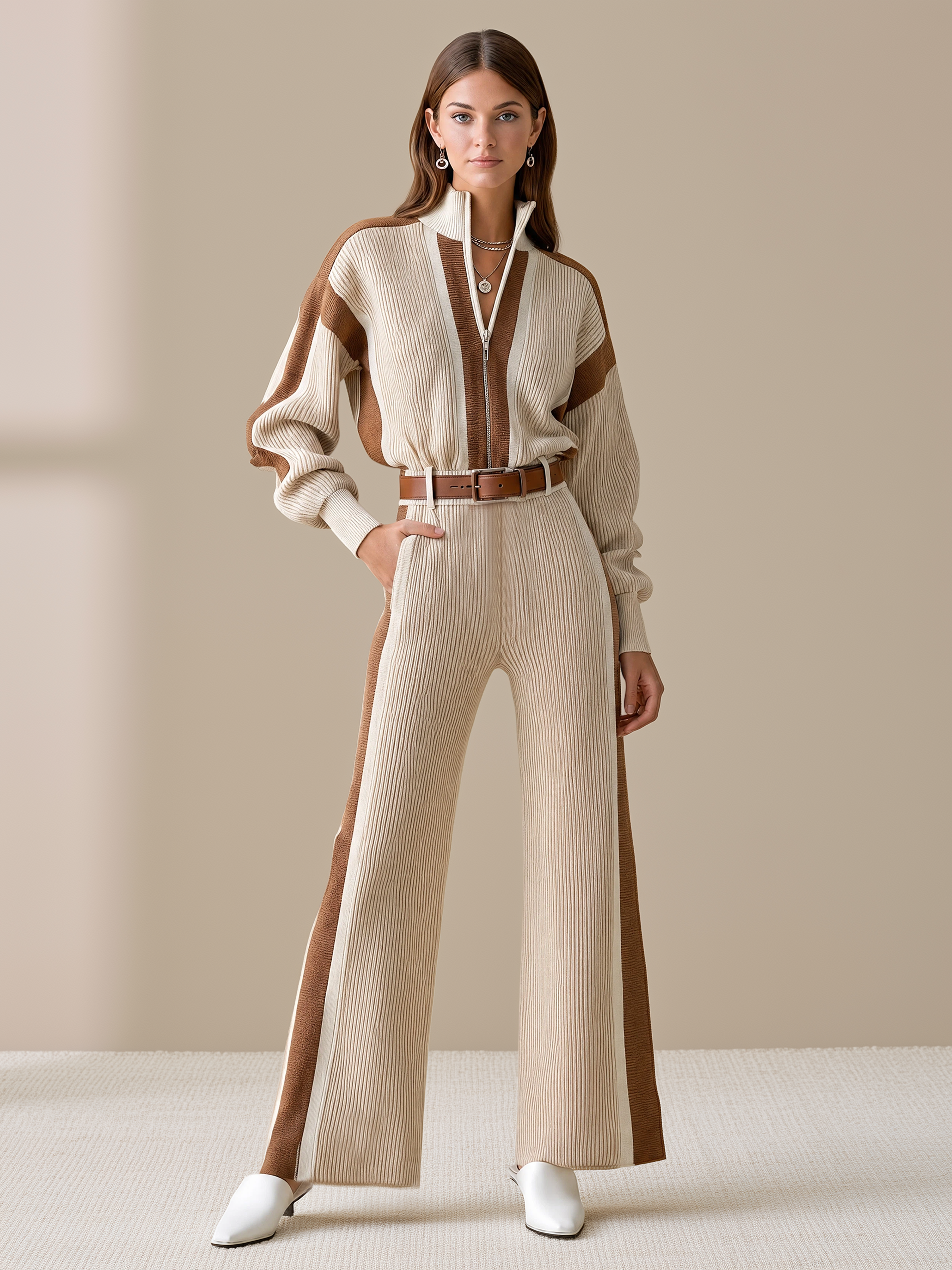 Elegant Ivory & Brown Contrast Trim Ribbed Knit Jumpsuit