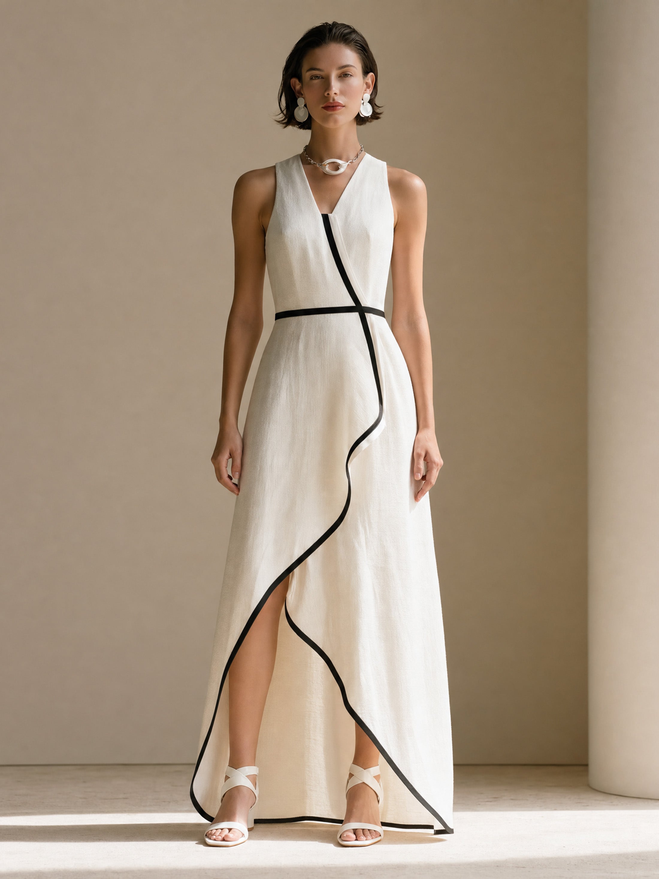 Elegant White Sleeveless Cotton-linen Maxi Dress : Asymmetrical Hem