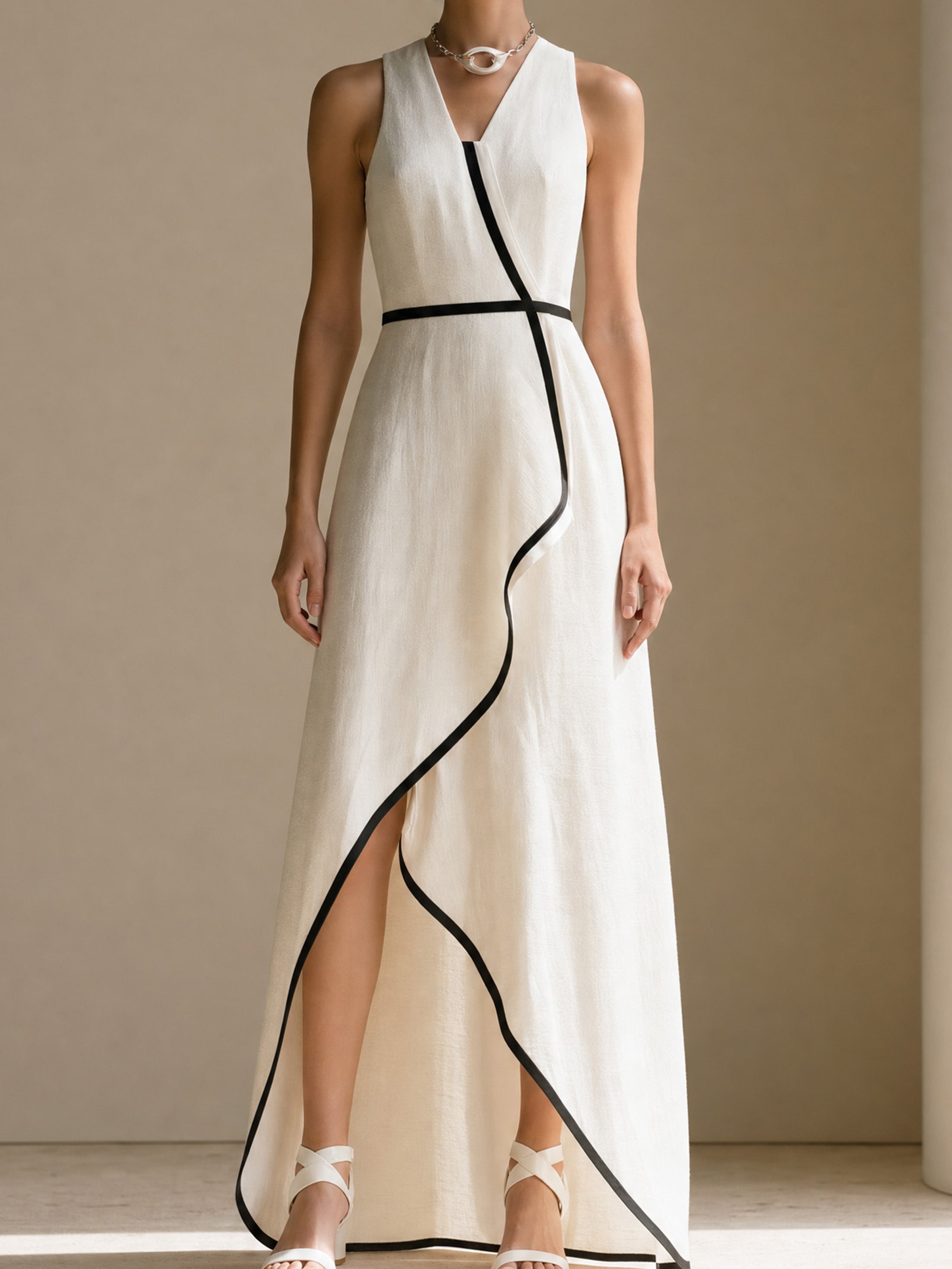 Elegant White Sleeveless Cotton-linen Maxi Dress : Asymmetrical Hem