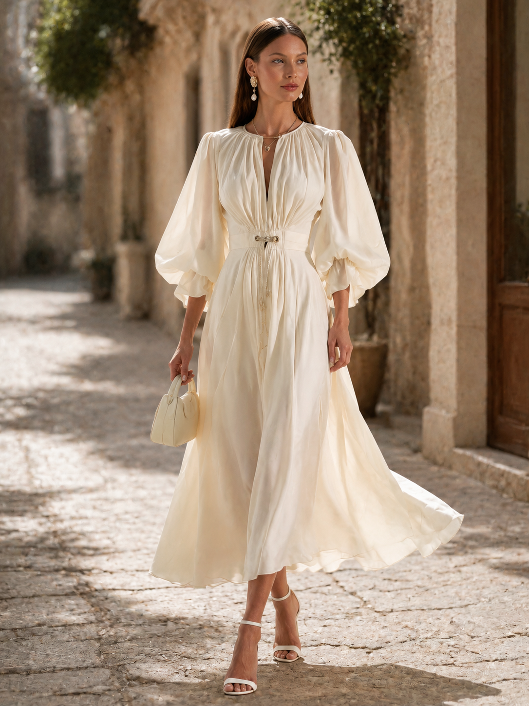Elegant White Chiffon Waterdrop Neck Long Sleeve Midi Dress