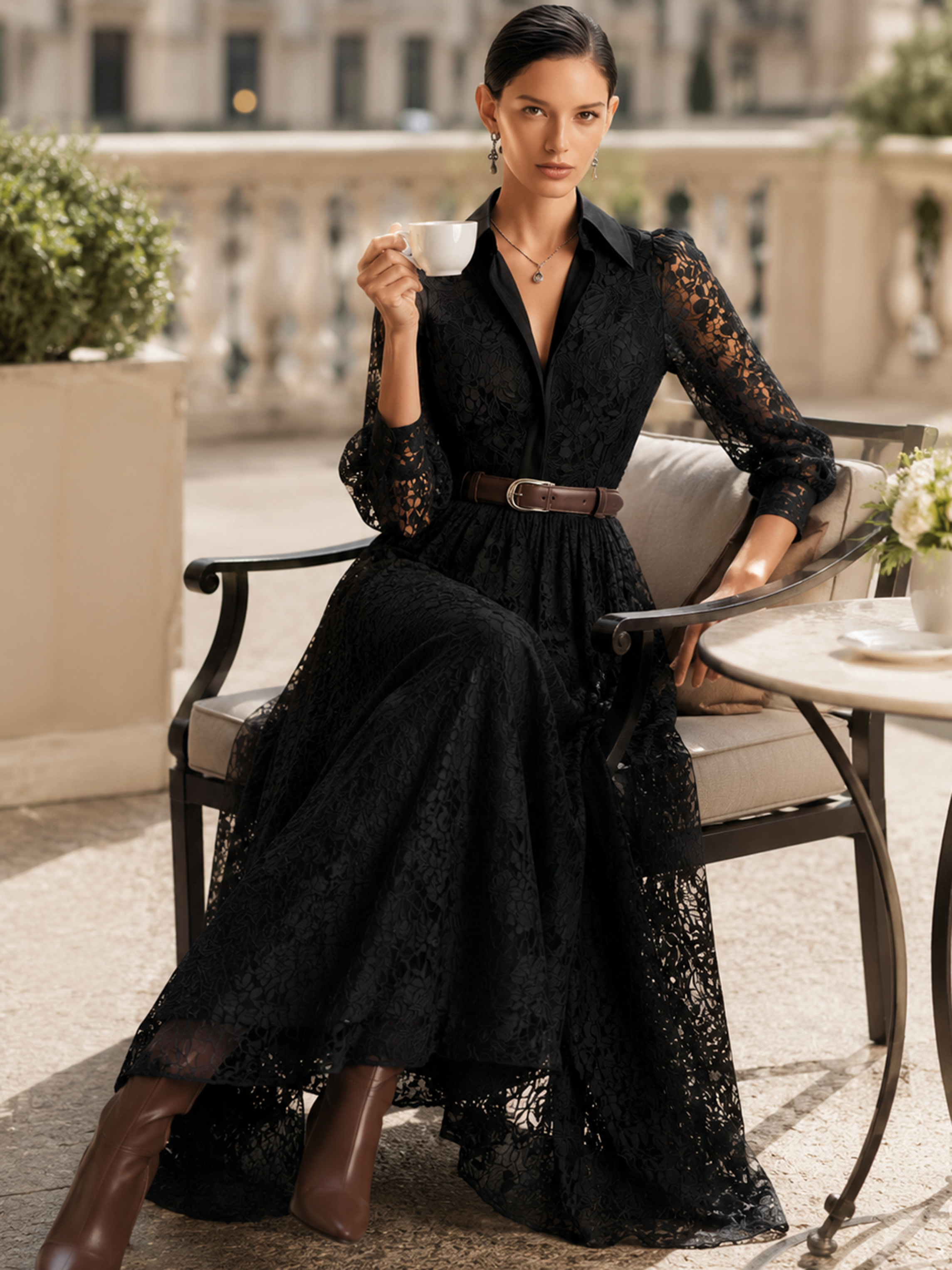 Black Lace Collared Belted Bubble‑Sleeve Maxi Dress